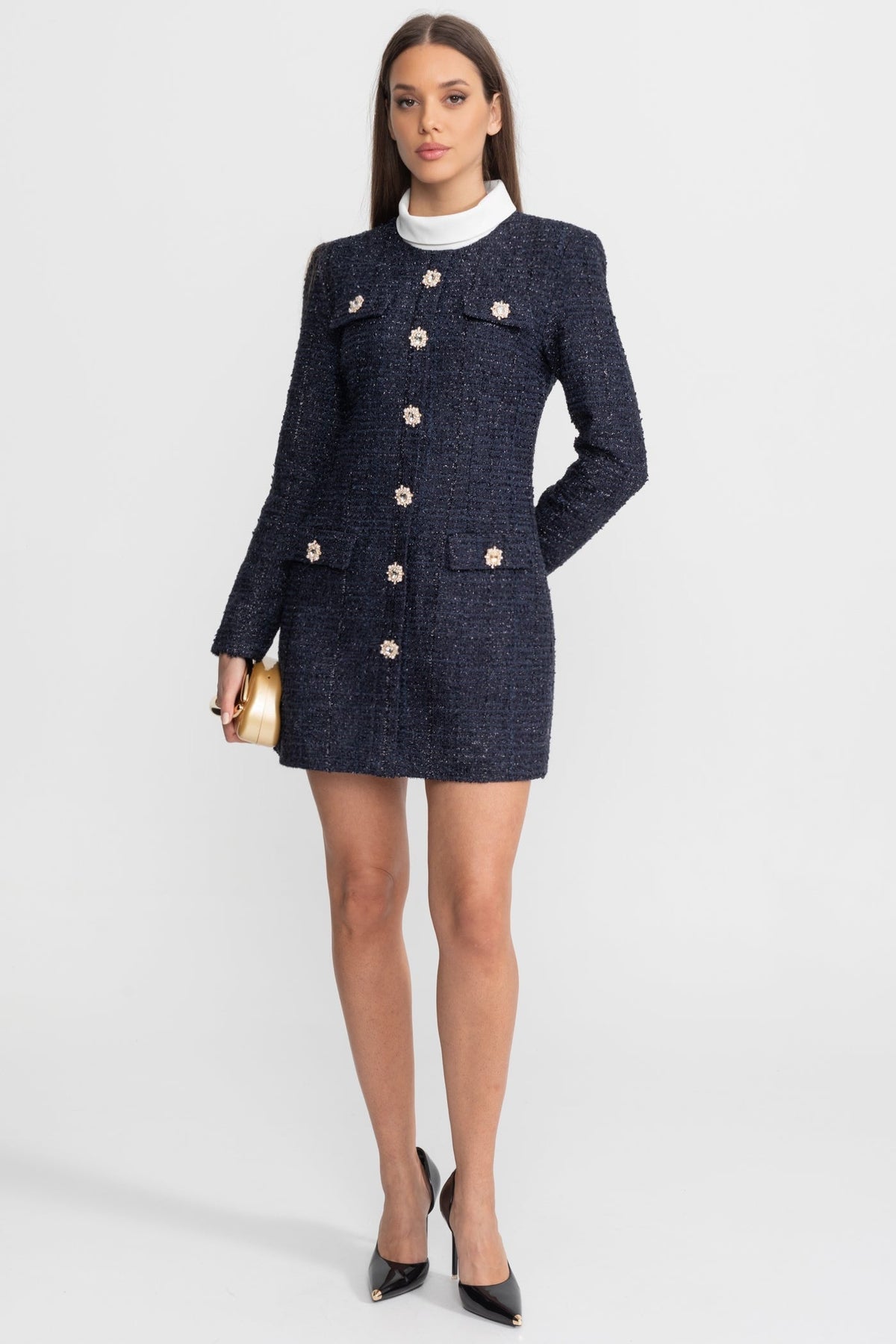 Vestido Mini de Tweed Texturizado con Botones de Cristal – Azul Marino