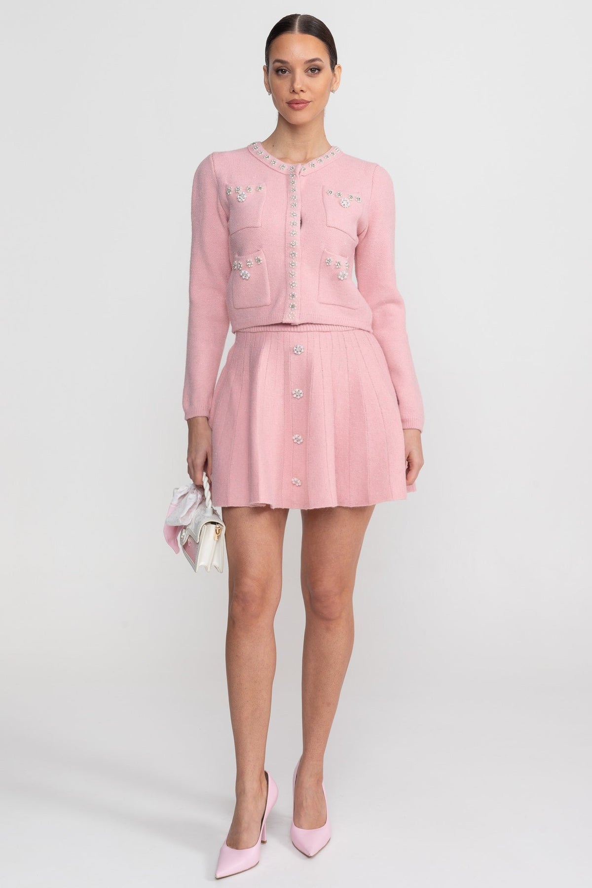 Conjunto de Punto con Cárdigan y Minifalda – Rosa Empolvado