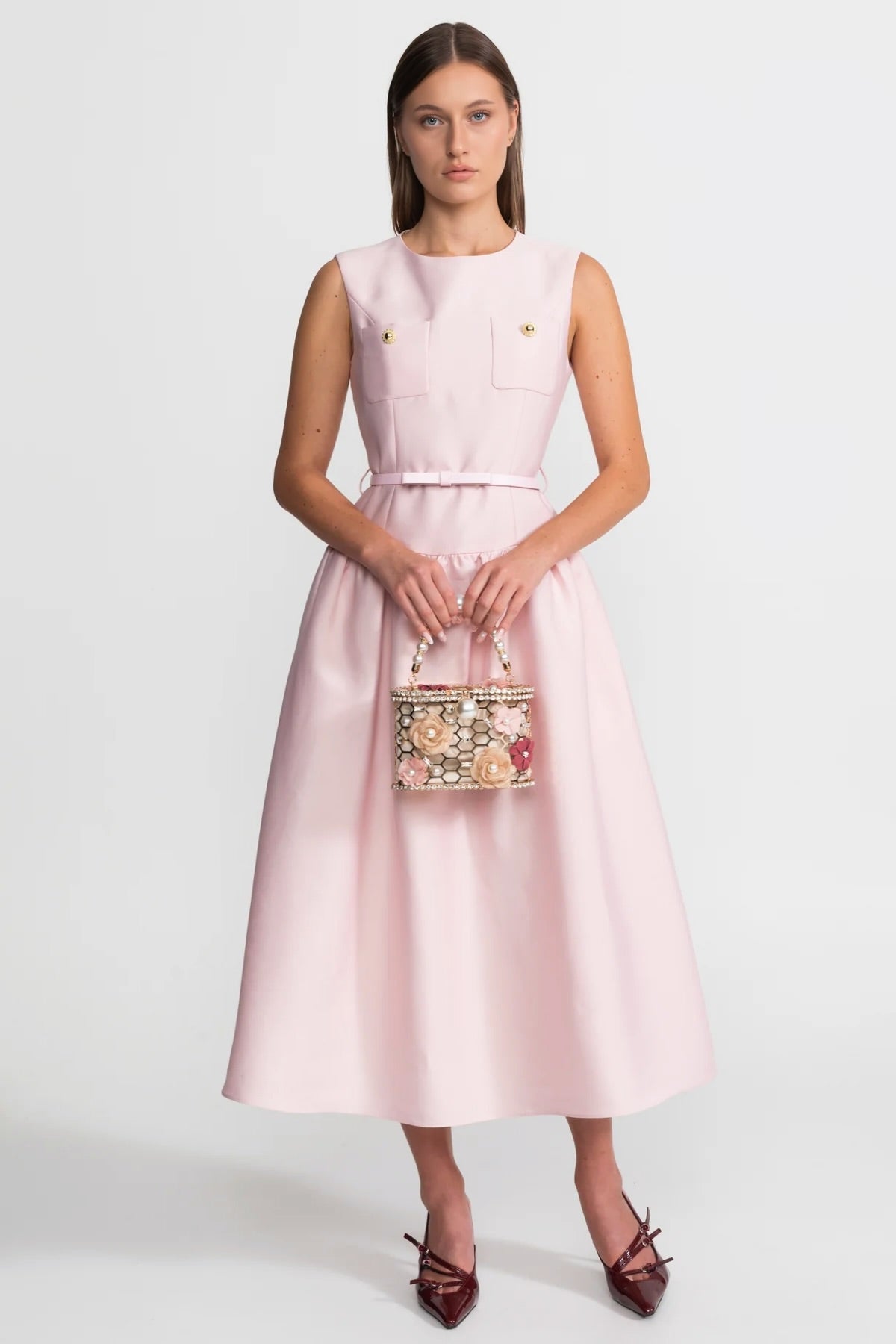 Vestido Midi sin Mangas con Cinturón y Bolsillos – Rosa Empolvado