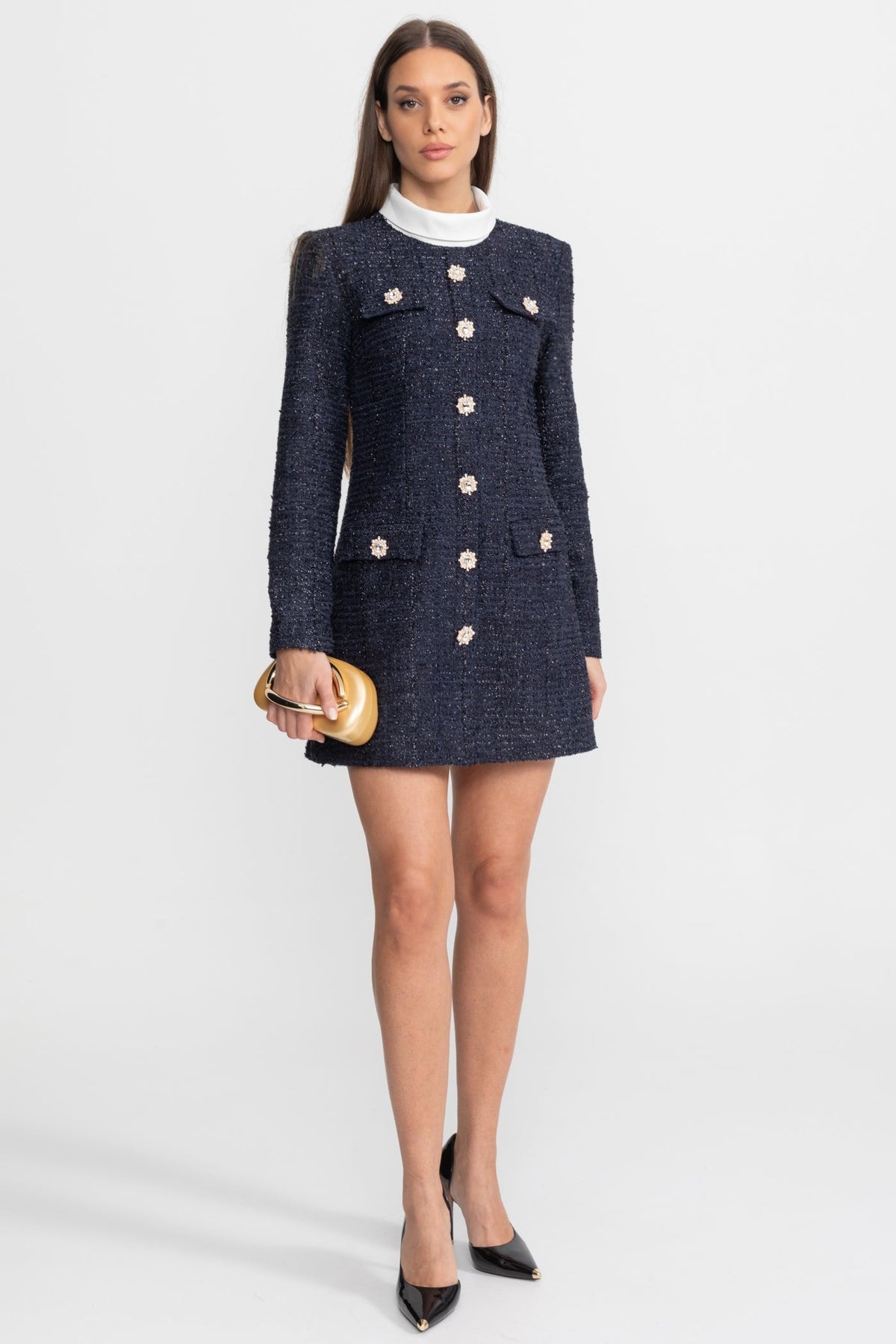 Vestido Mini de Tweed Texturizado con Botones de Cristal – Azul Marino