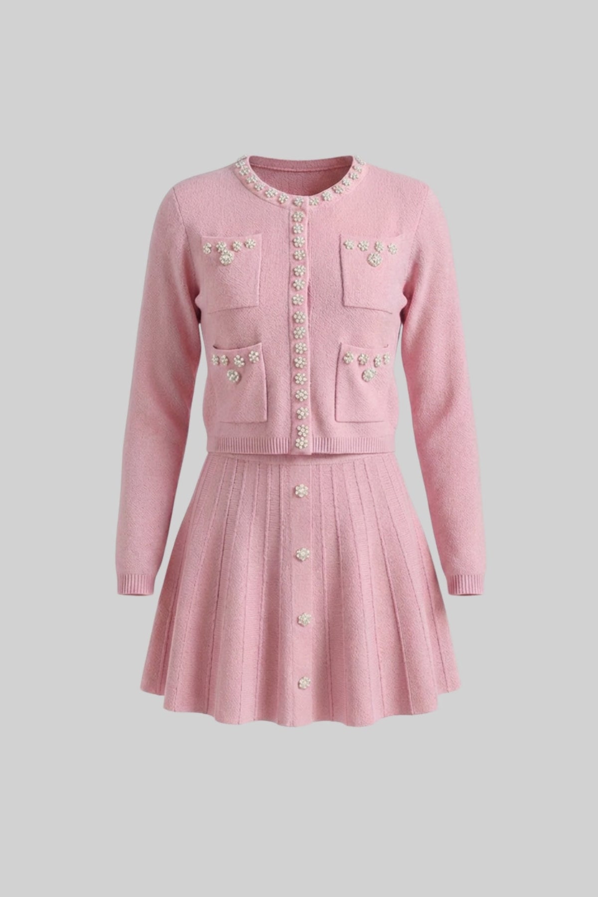 Conjunto de Punto con Cárdigan y Minifalda – Rosa Empolvado