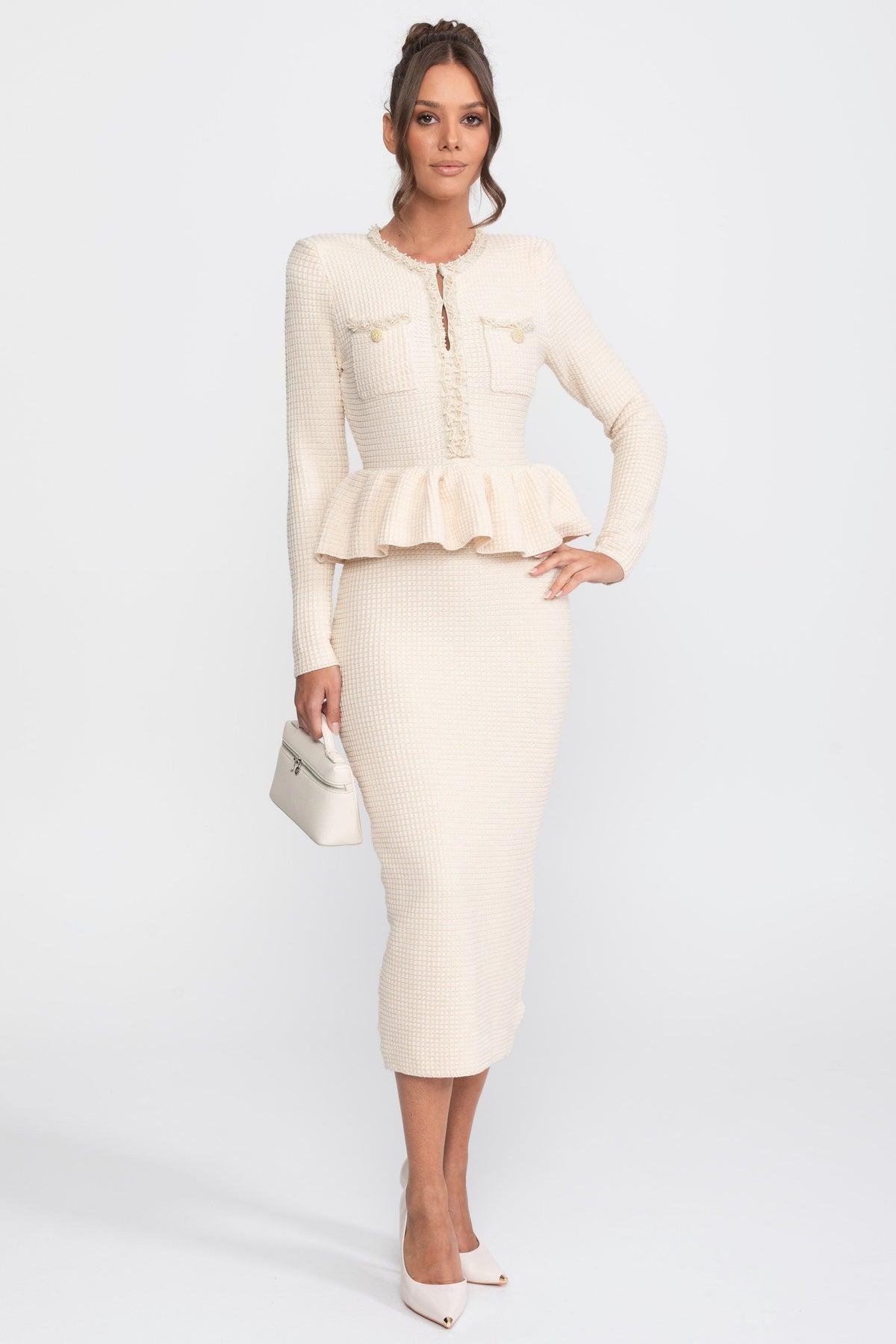 Vestido Peplum de Punto con Flecos y Bolsillos – Beige