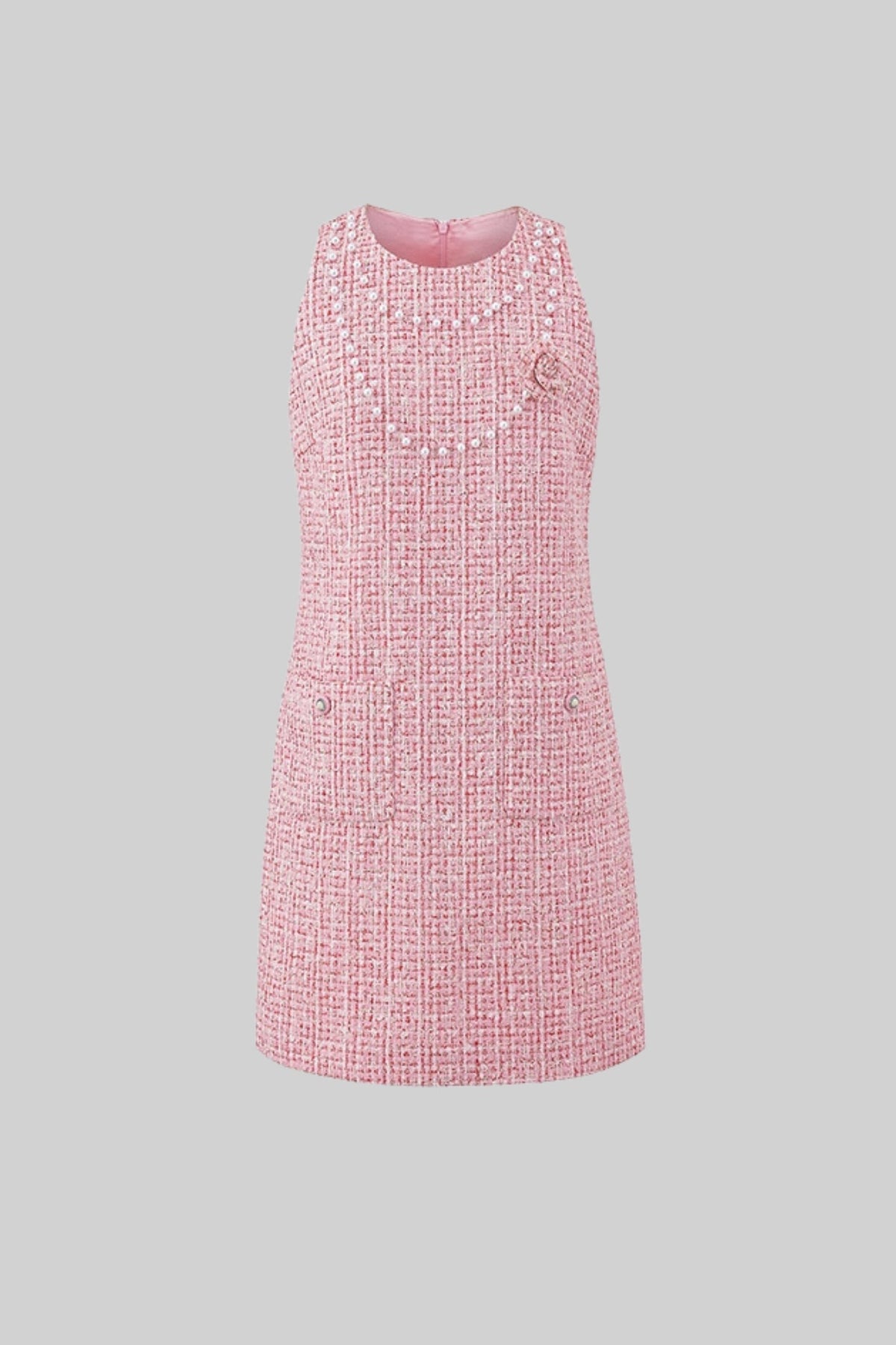 Vestido Mini de Tweed sin Mangas con Perlas – Rosa