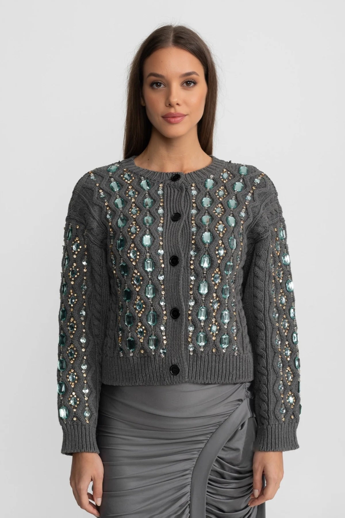 Cárdigan de Punto Trenzado con Piedras Decorativas – Gris Marengo