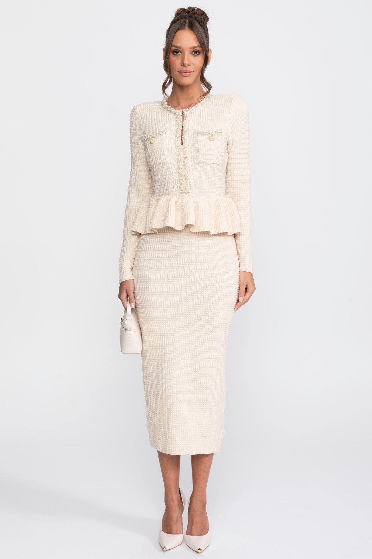 Vestido Peplum de Punto con Flecos y Bolsillos – Beige
