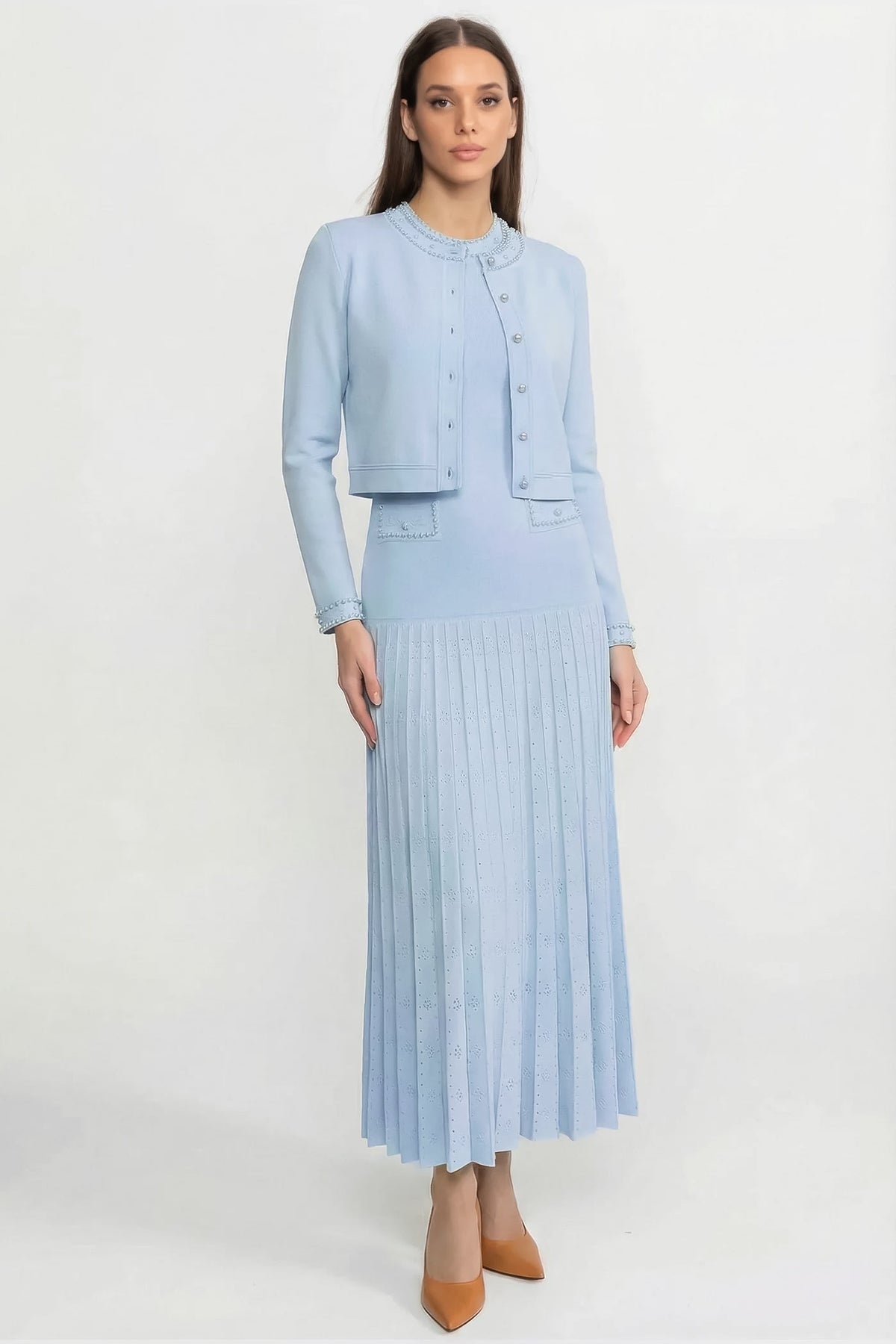 Cárdigan de Punto con Botones de Perlas – Azul