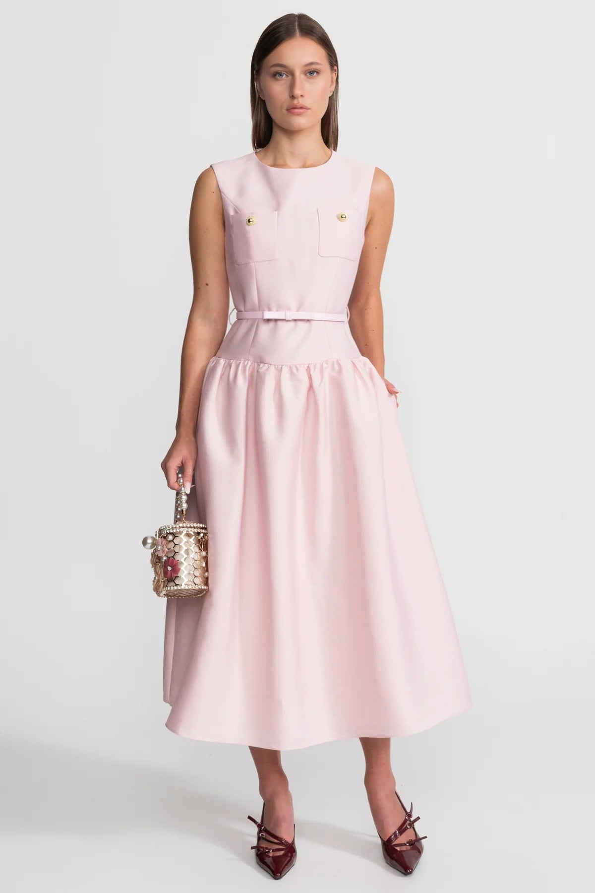 Vestido Midi sin Mangas con Cinturón y Bolsillos – Rosa Empolvado
