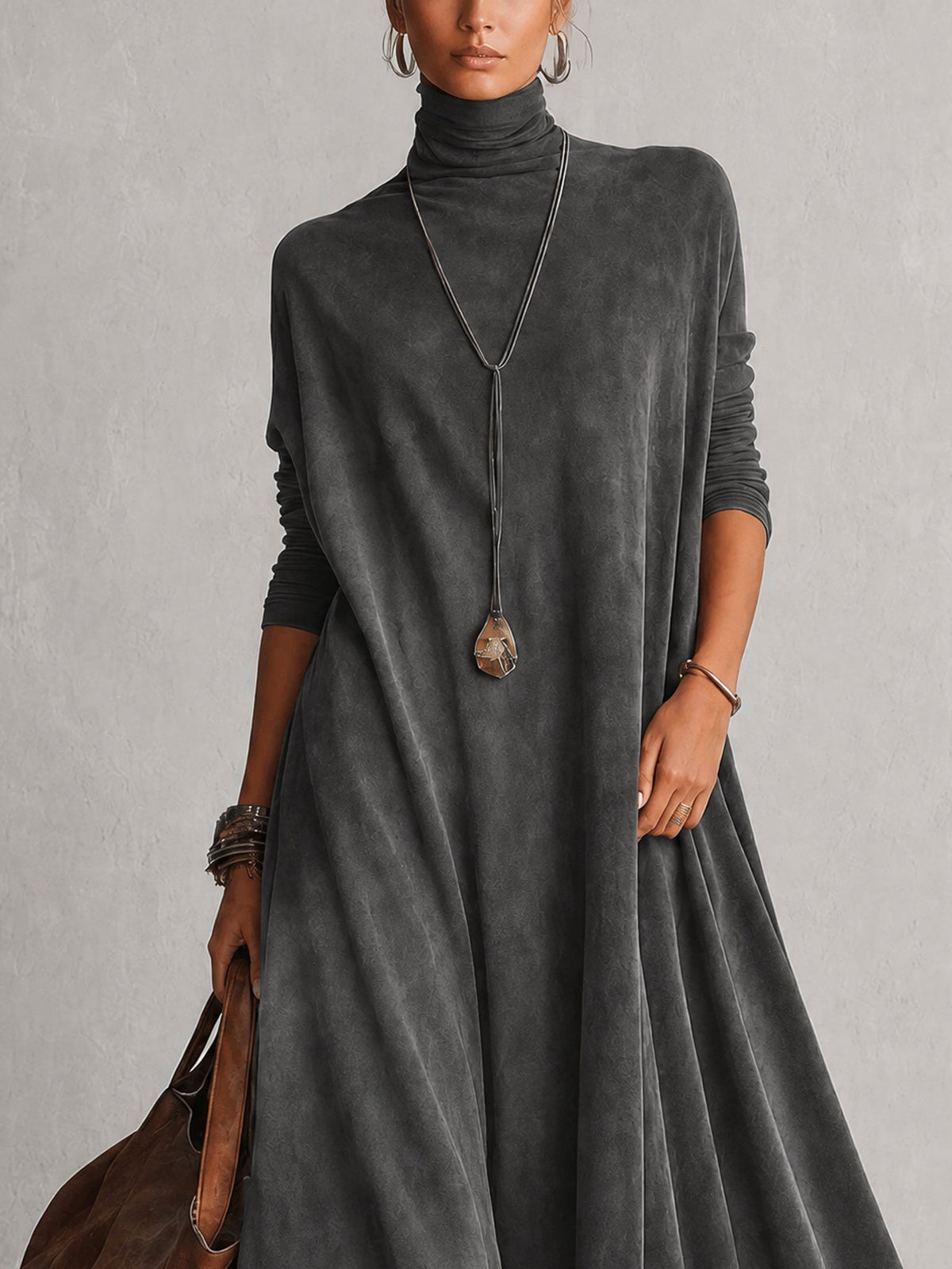 BRUNELLA | Elegante vestido largo efecto ante con refinado dobladillo de encaje