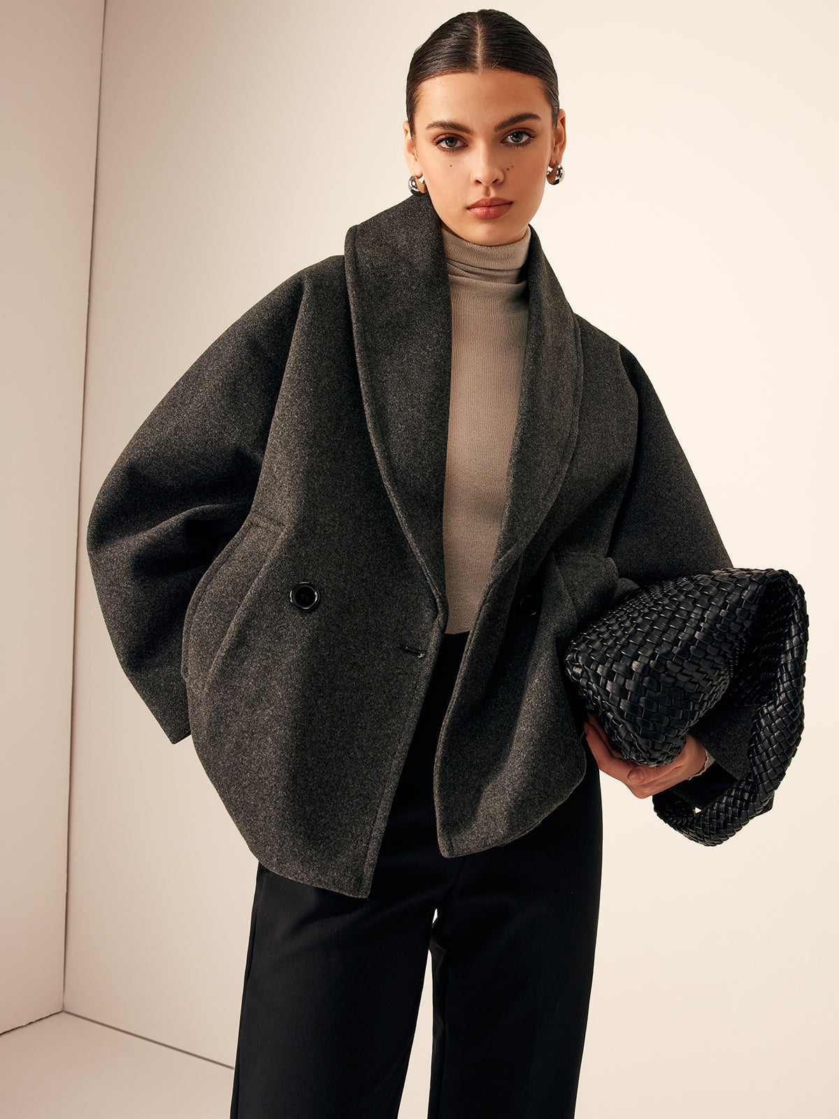 Abrigo de Tweed Holgado con Bolsillos