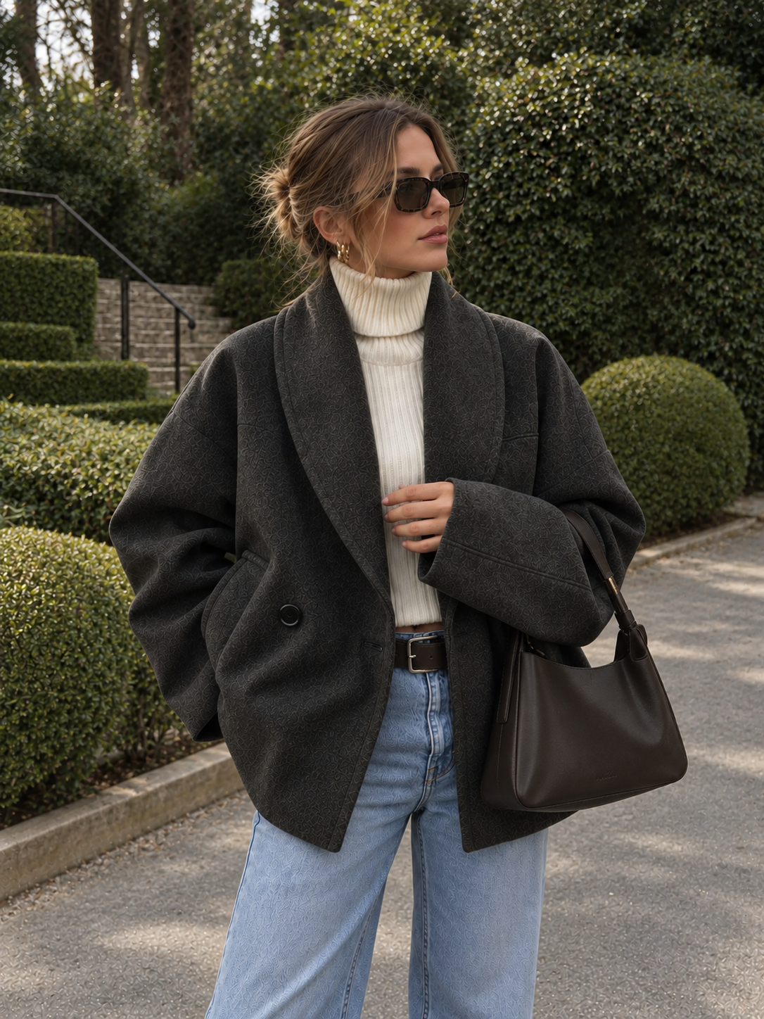 Abrigo de Tweed Holgado con Bolsillos