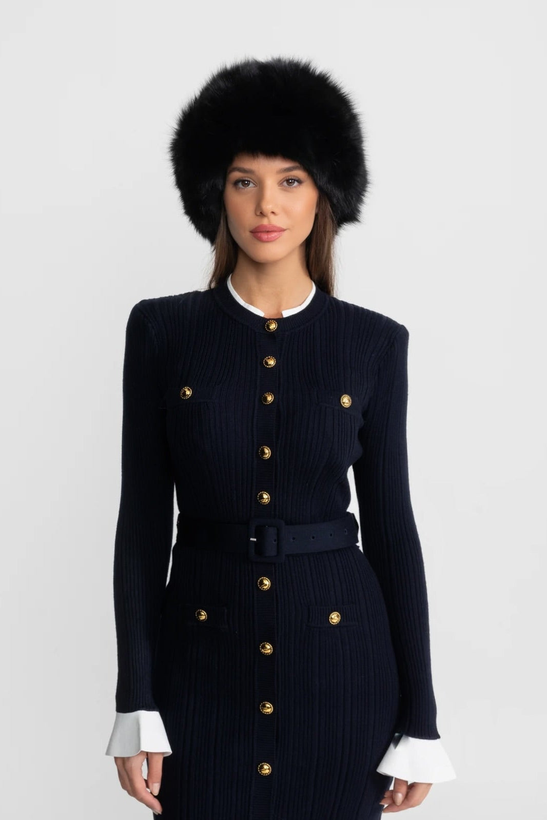 Vestido Midi de Punto Acanalado con Botones Dorados – Azul Oscuro