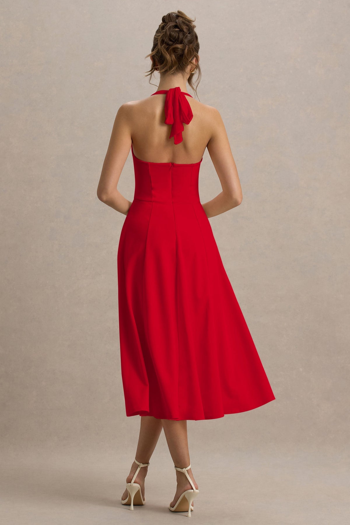 Auburn | Vestido midi rojo halter estilo skater