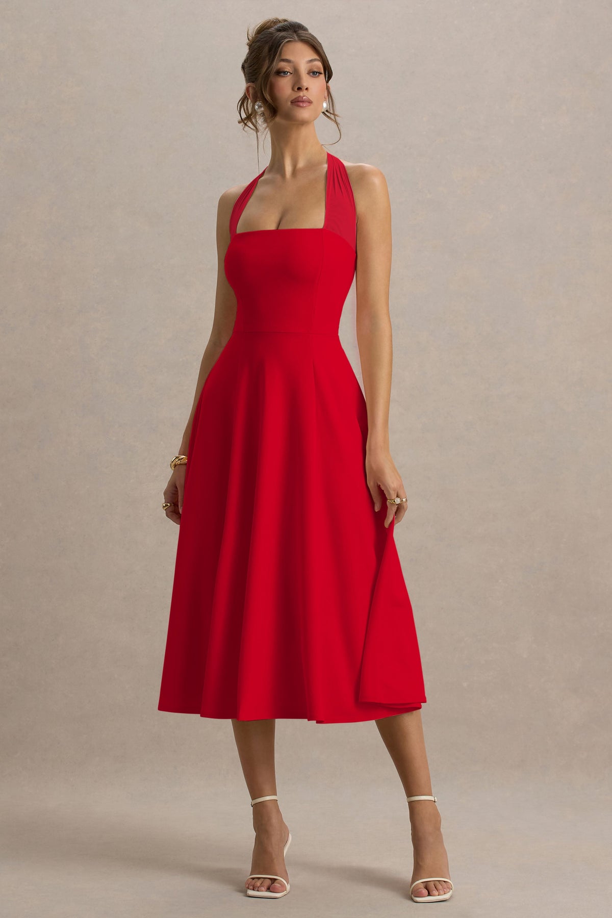 Auburn | Vestido midi rojo halter estilo skater