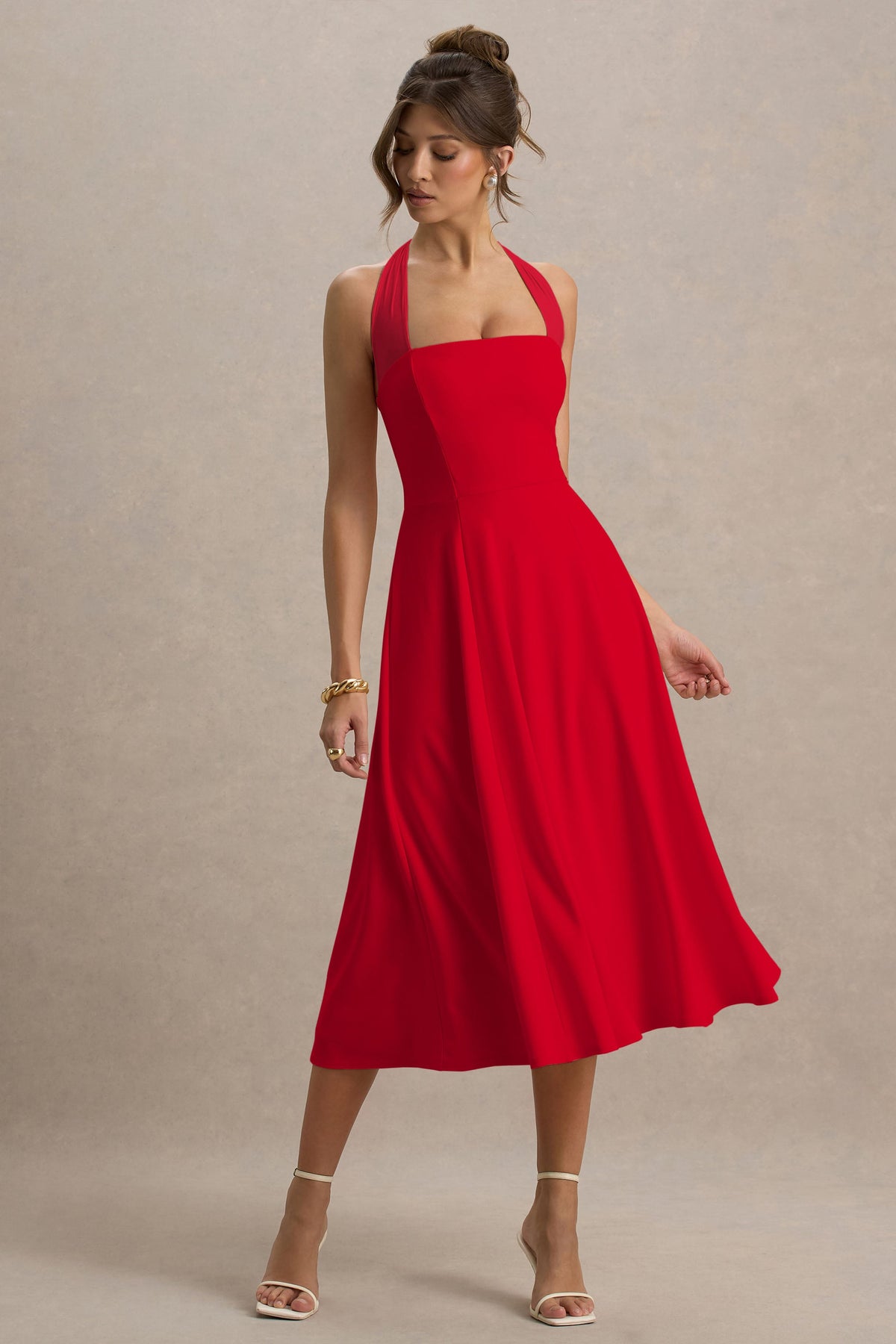 Auburn | Vestido midi rojo halter estilo skater