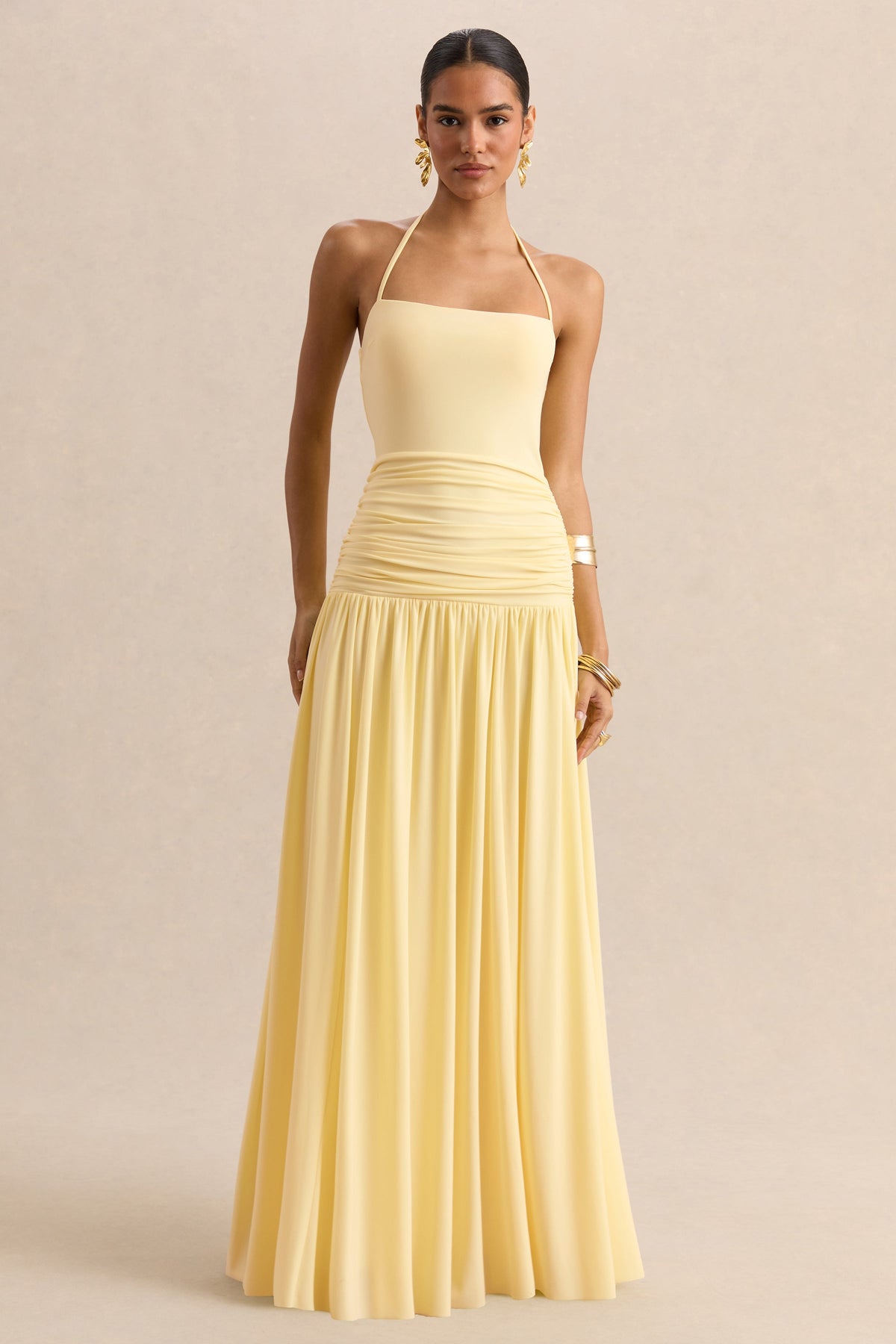 Nicolette | Limón Escote Cuadrado Vestido Largo con Detalle Fruncido