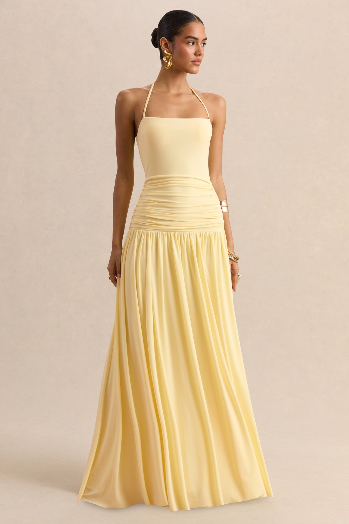 Nicolette | Limón Escote Cuadrado Vestido Largo con Detalle Fruncido