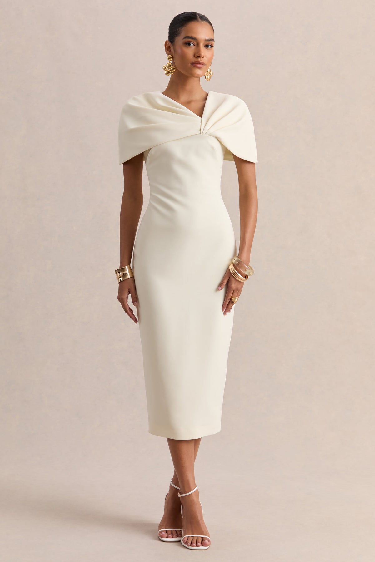Novalie | Vestido Midi Blanco Con Escote En V Y Detalle Retorcido