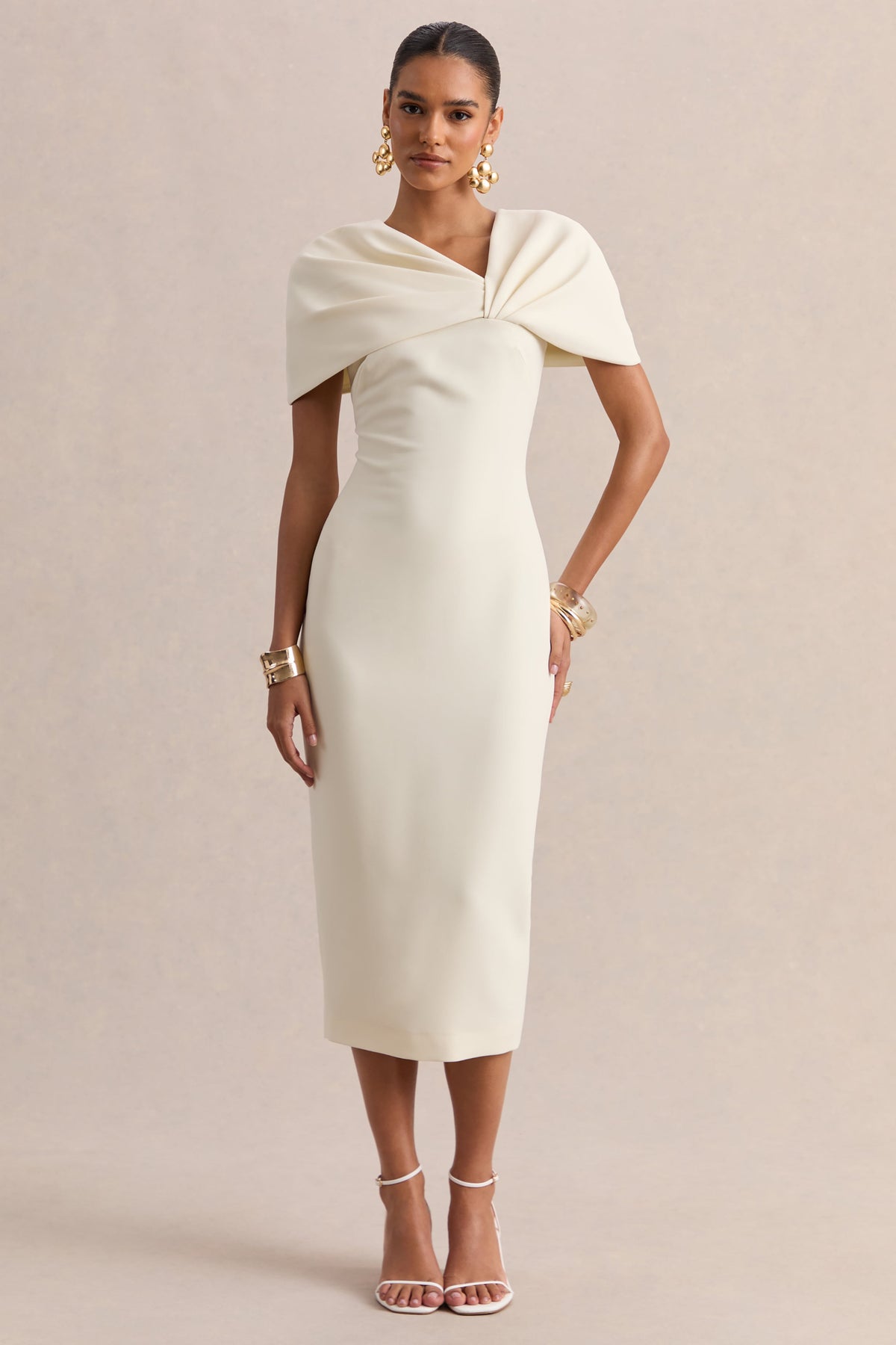 Novalie | Vestido Midi Blanco Con Escote En V Y Detalle Retorcido