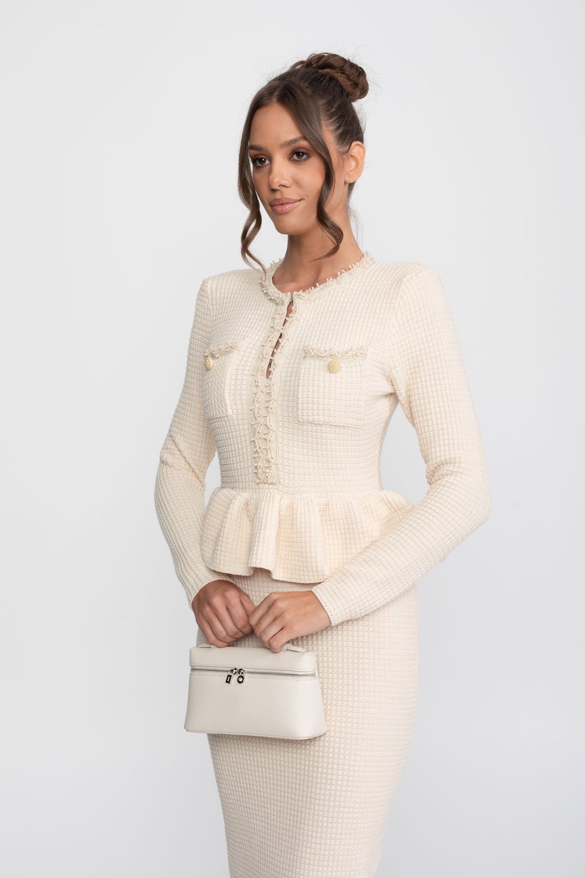 Vestido Peplum de Punto con Flecos y Bolsillos – Beige