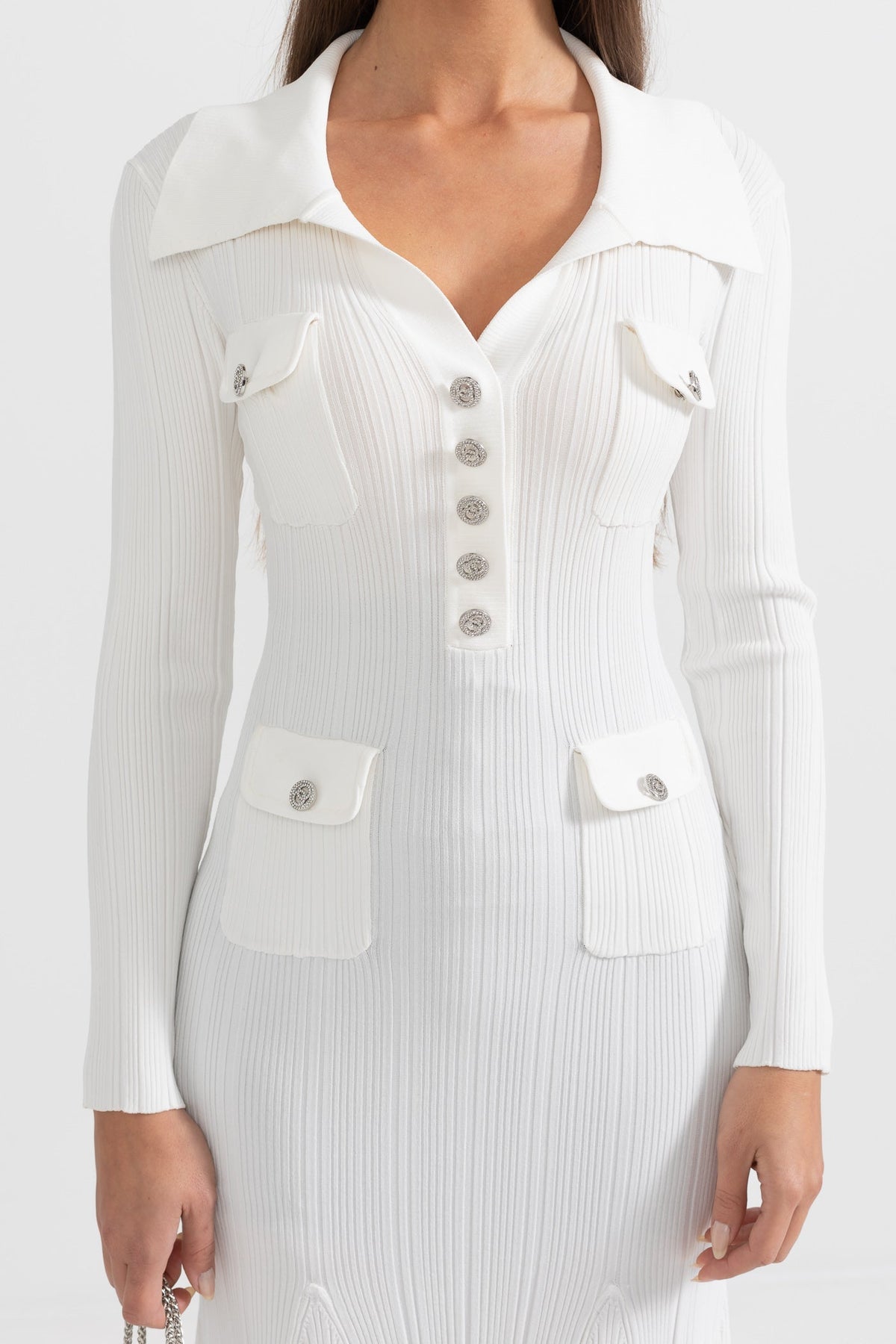 Vestido Elegante Acanalado de Manga Larga – Blanco