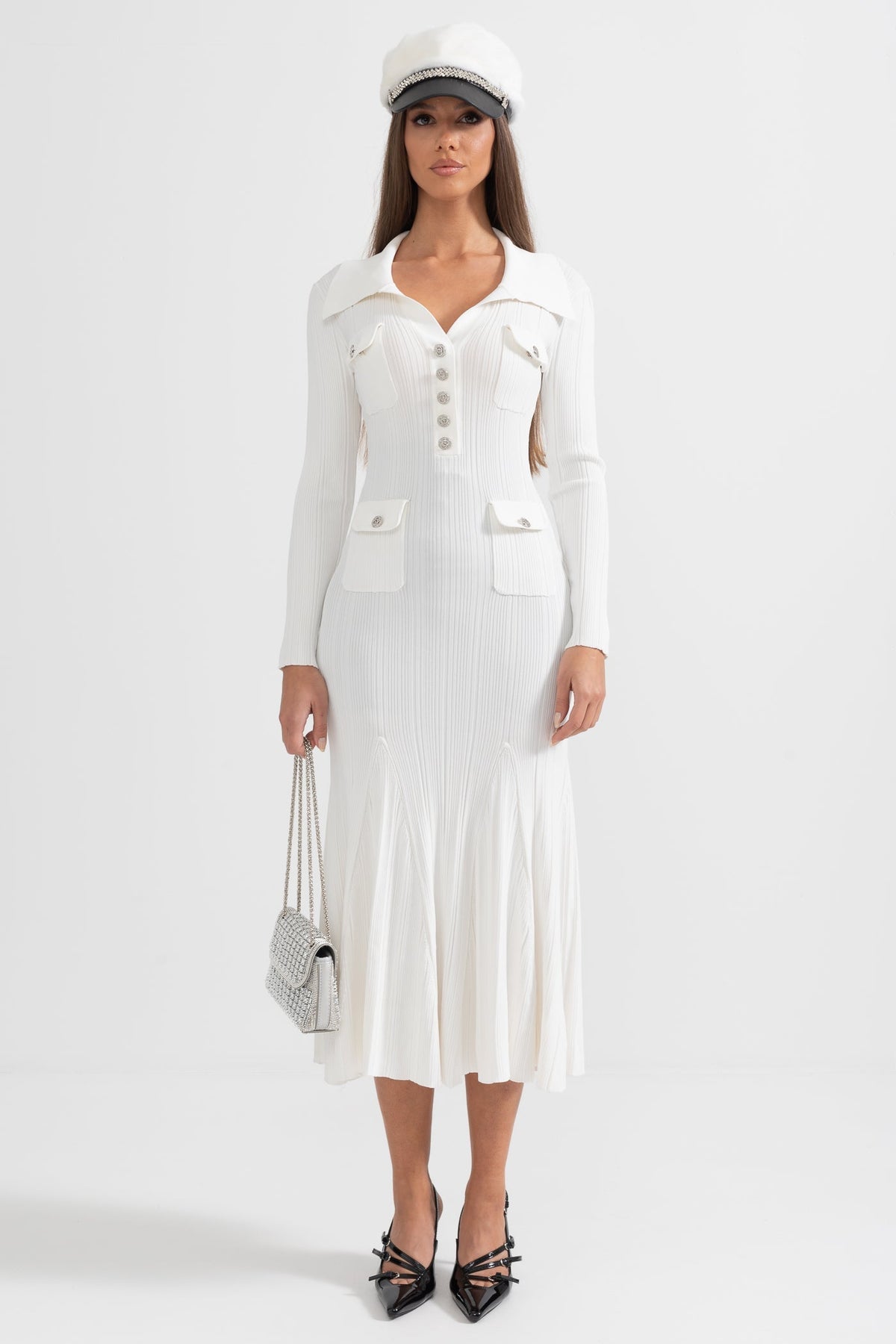 Vestido Elegante Acanalado de Manga Larga – Blanco