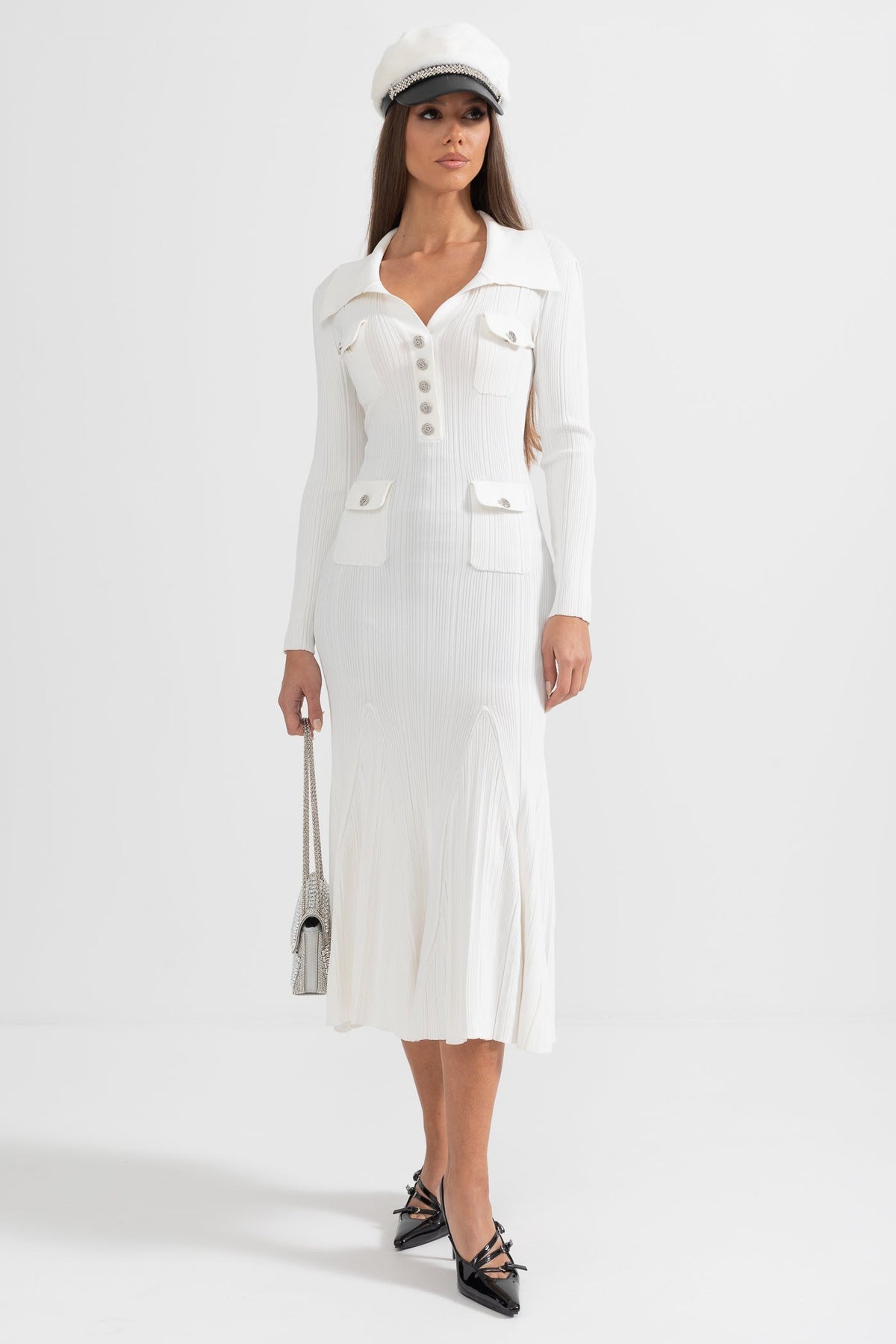 Vestido Elegante Acanalado de Manga Larga – Blanco