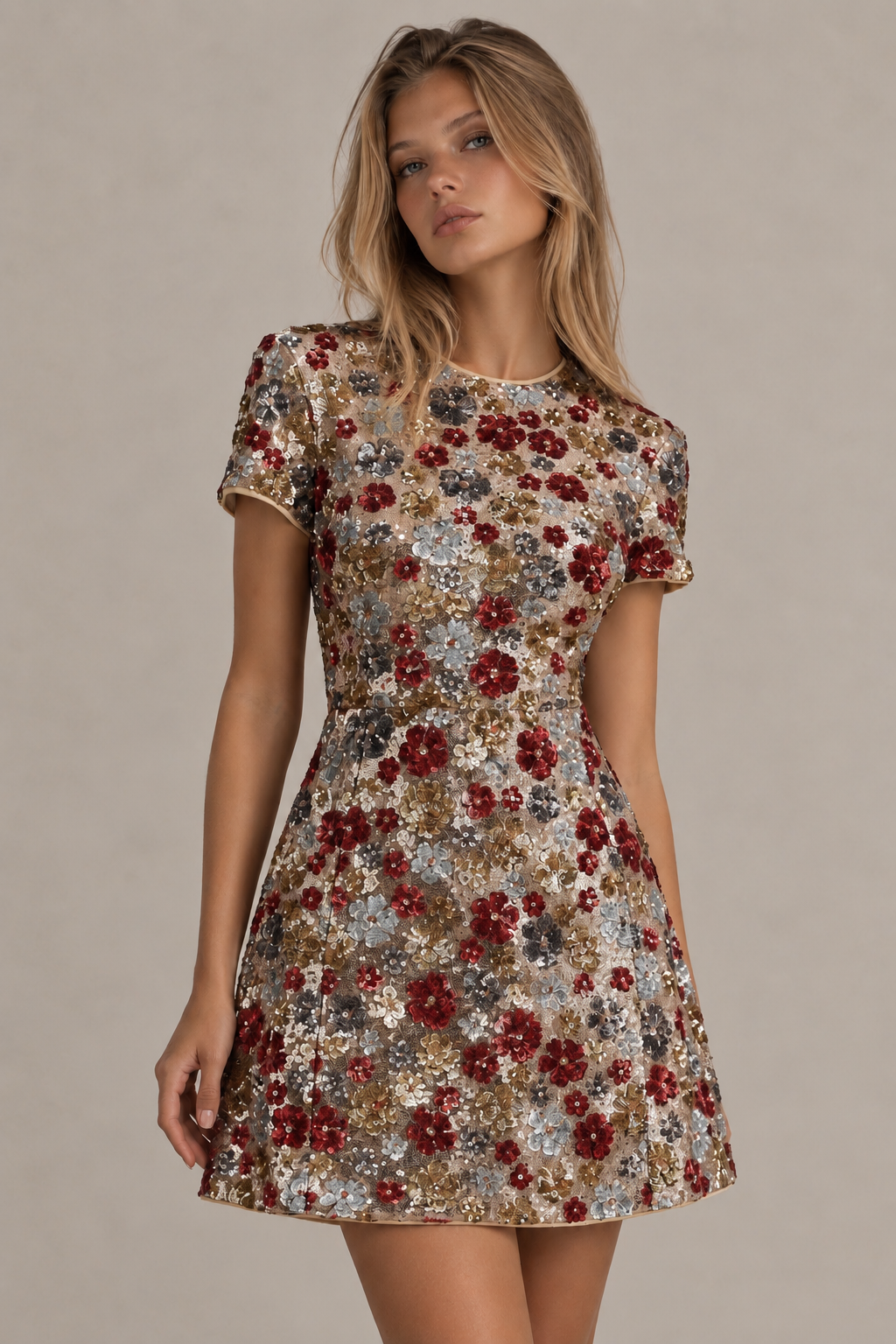Eira | Vestido corto rojo de lentejuelas con estampado floral y escote redondo