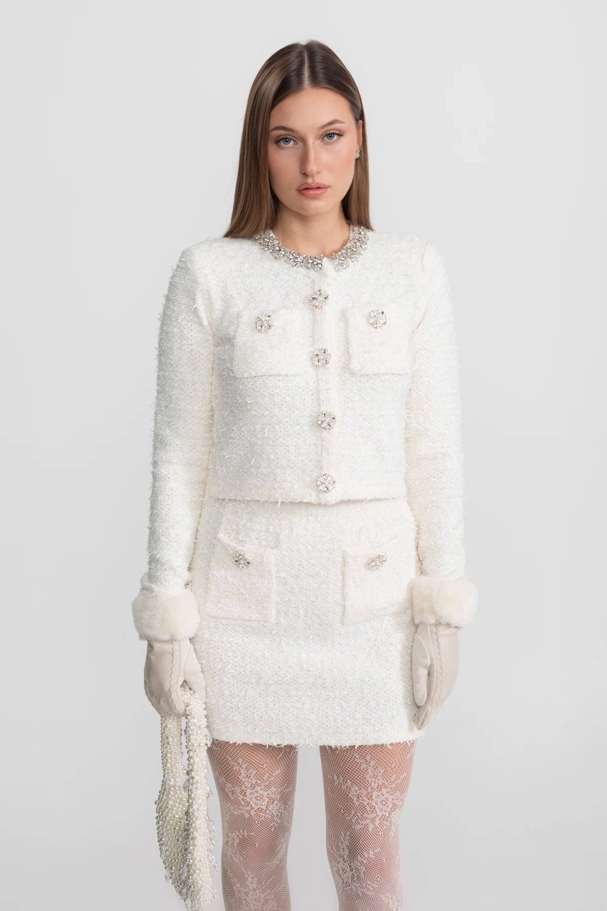 Blazer de Tweed con Cristales y Botones – Blanco