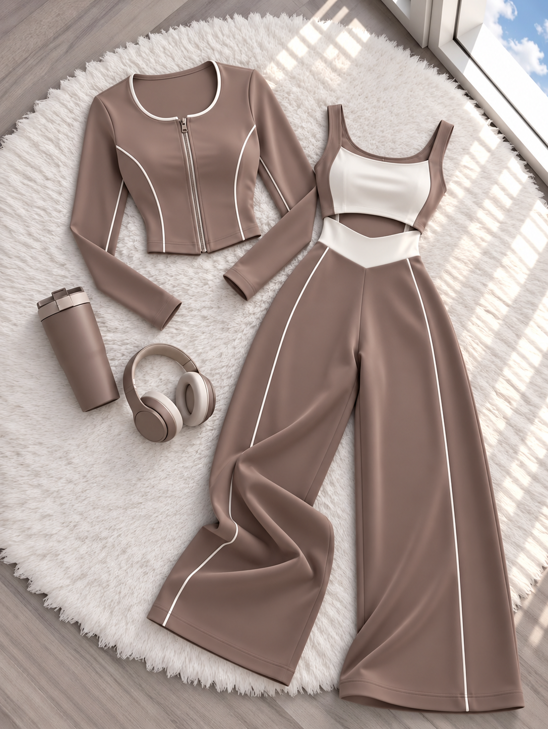 Conjunto Bicolor | Chaqueta con cremallera, top y pantalón palazzo