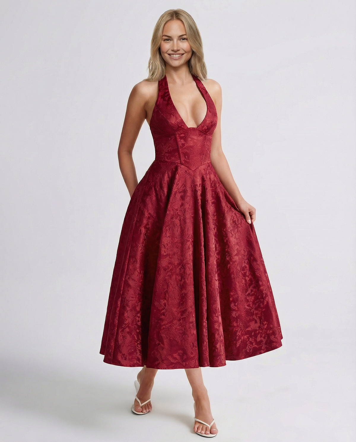 Sonia • Elegante vestido midi de jacquard con cuello halter