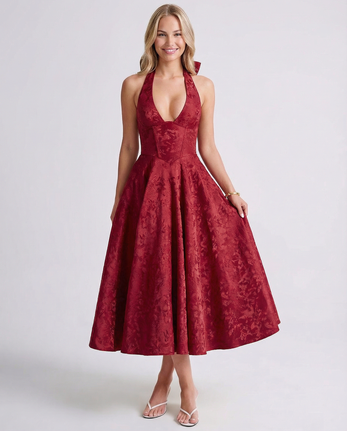 Sonia • Elegante vestido midi de jacquard con cuello halter