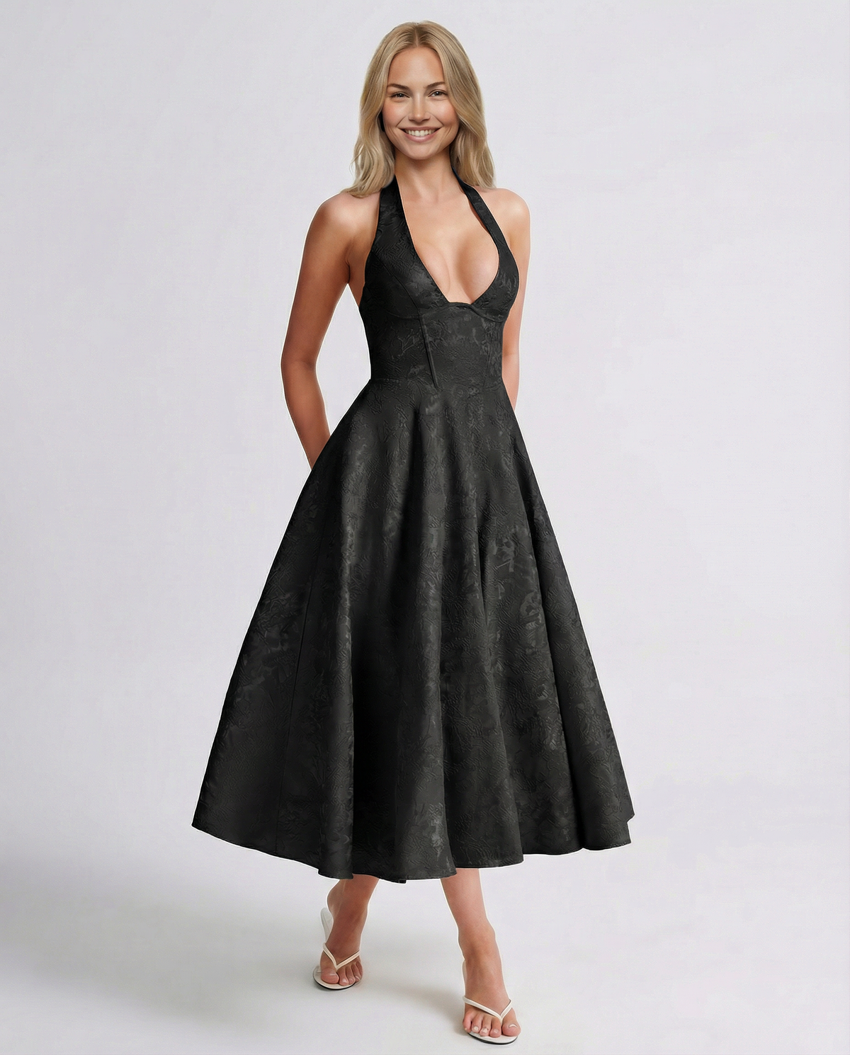 Sonia • Elegante vestido midi de jacquard con cuello halter