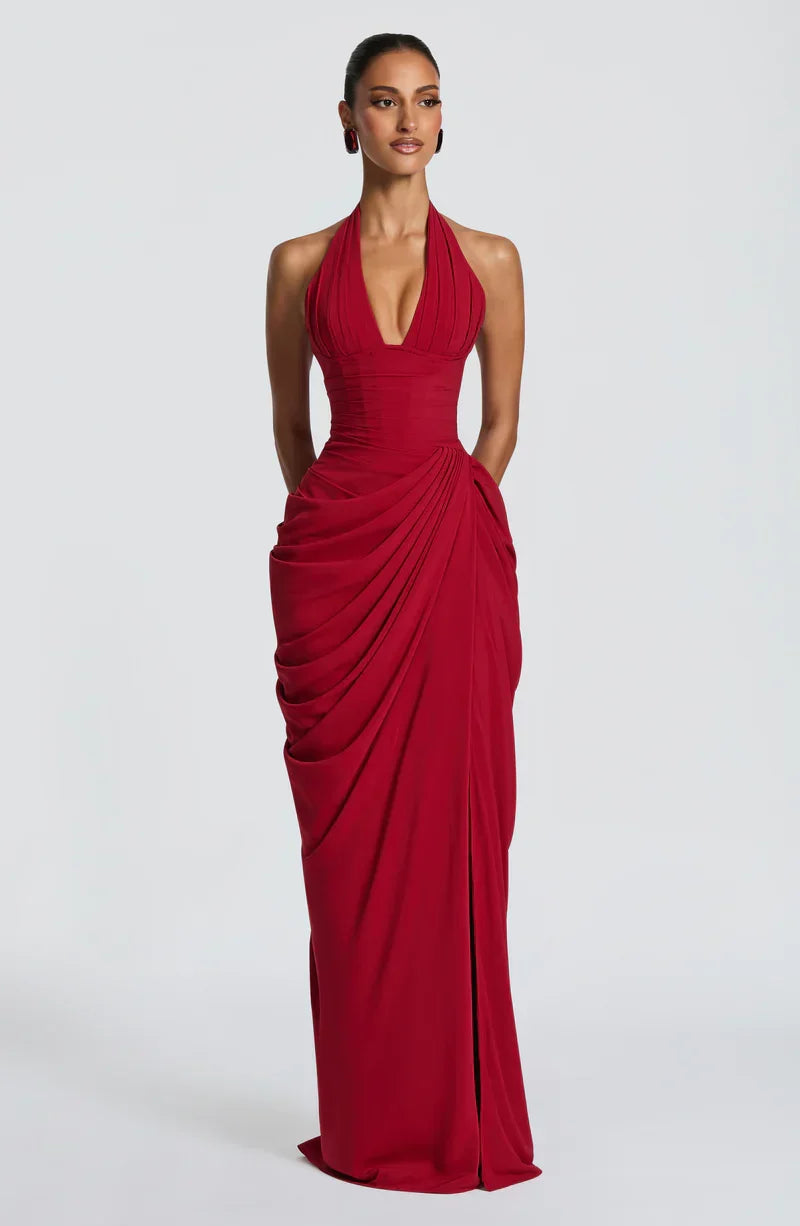 Minetta • Elegante vestido maxi halter con corsé