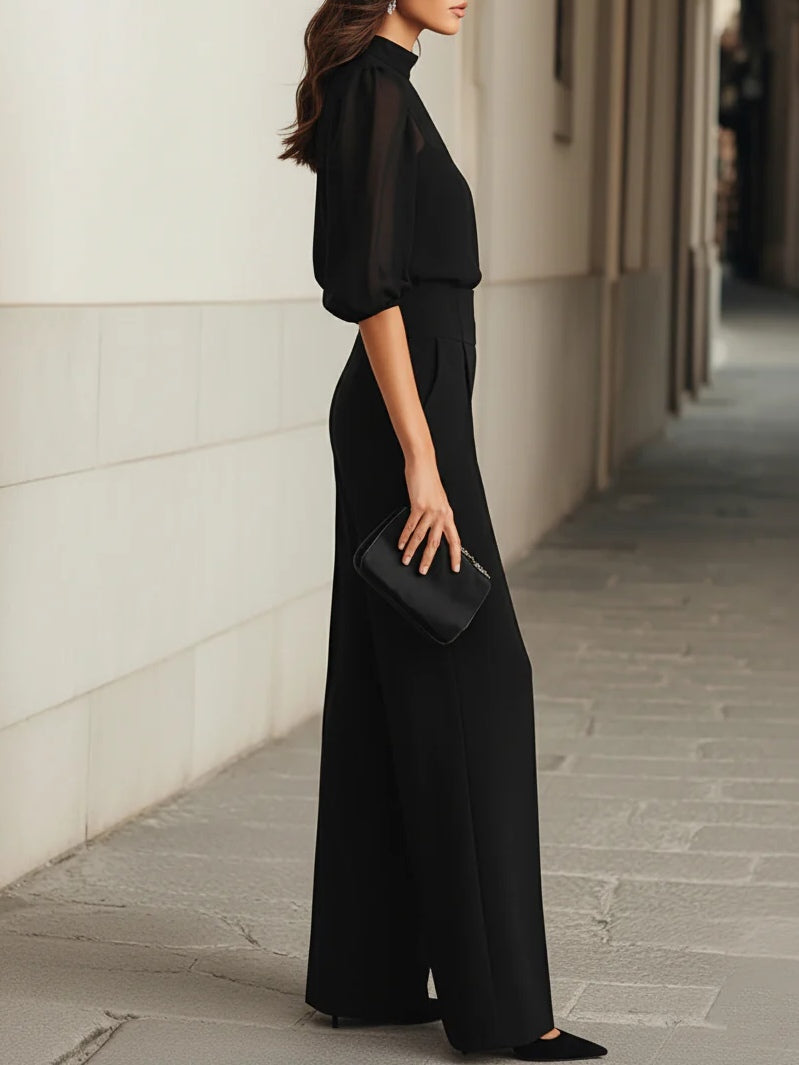 Valentina | Conjunto negro de tres piezas con top transparente y pantalón de pierna ancha