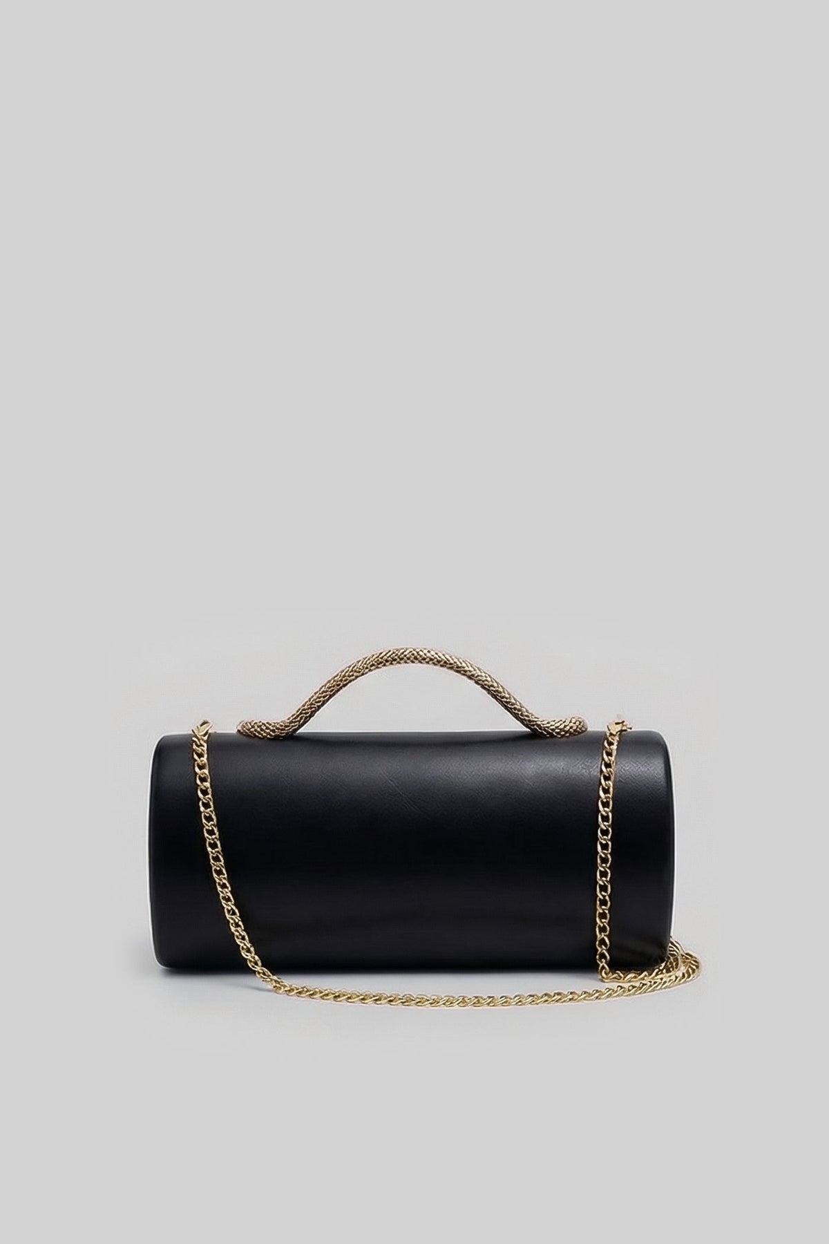 Bolso de Mano Estructurado con Asa de Serpiente y Cadena Dorada – Negro