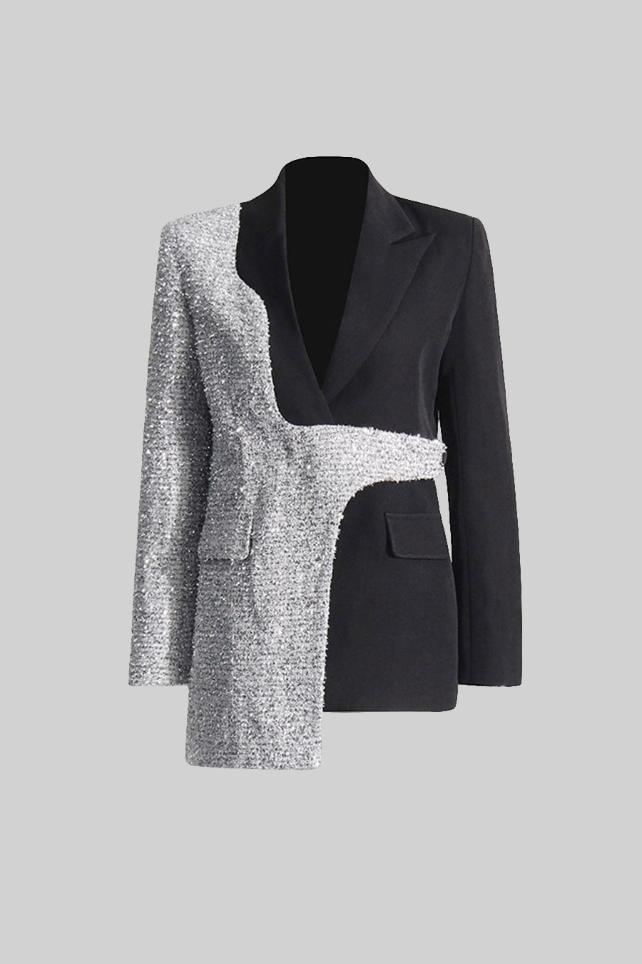 Blazer Bicolor con Bajo Asimétrico – Negro y Plata
