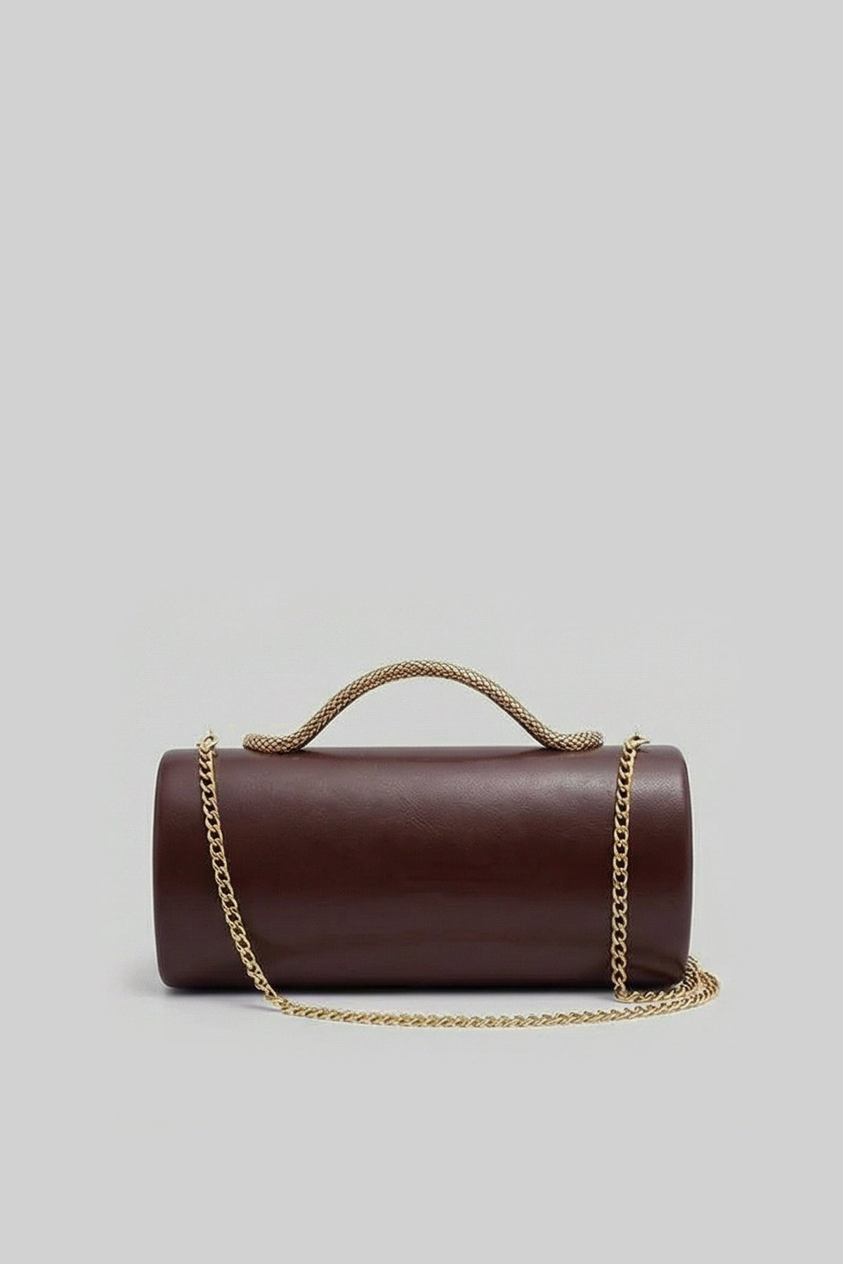 Bolso de Mano Estructurado con Asa de Serpiente y Cadena Dorada – Marrón