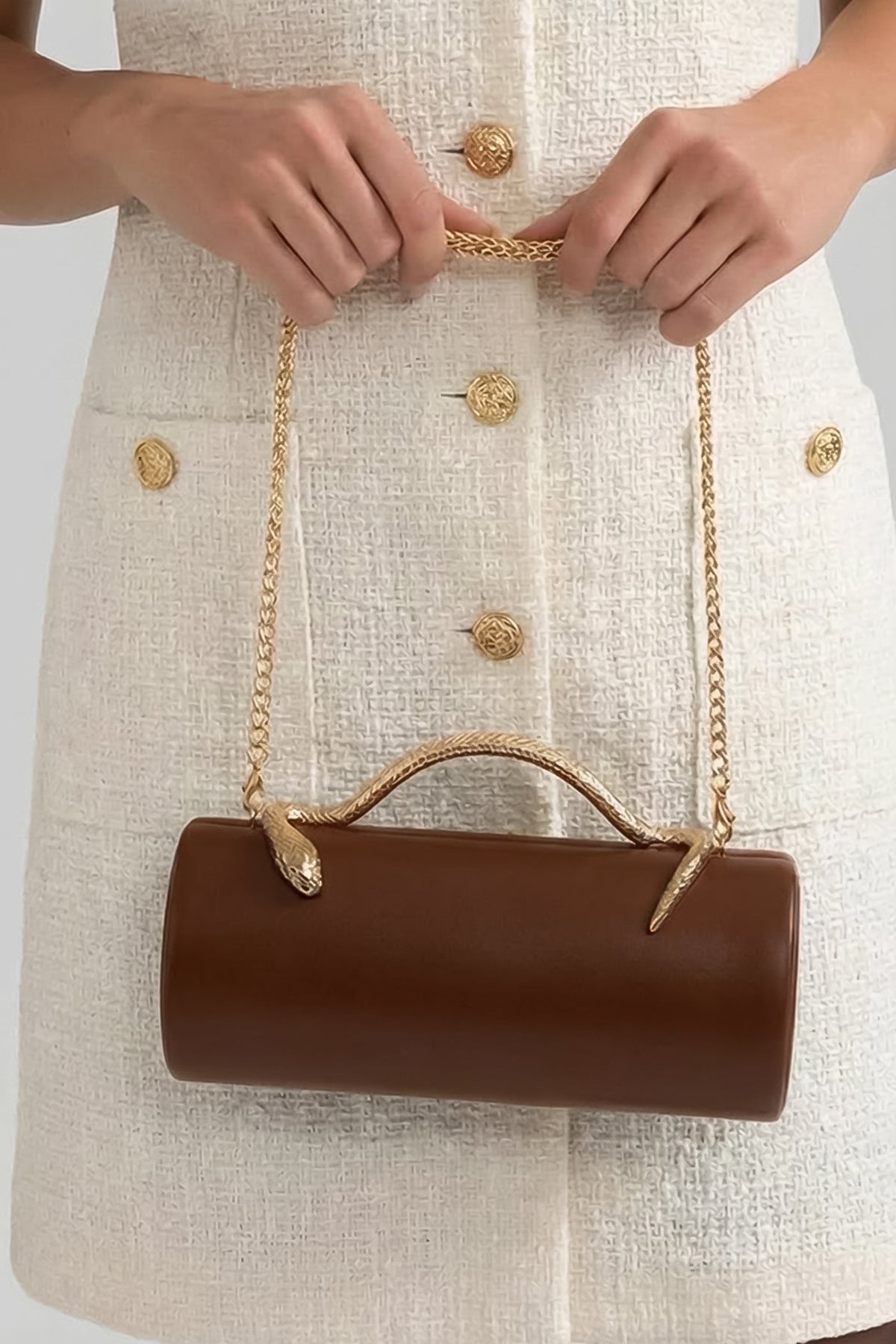 Bolso de Mano Estructurado con Asa de Serpiente y Cadena Dorada – Marrón
