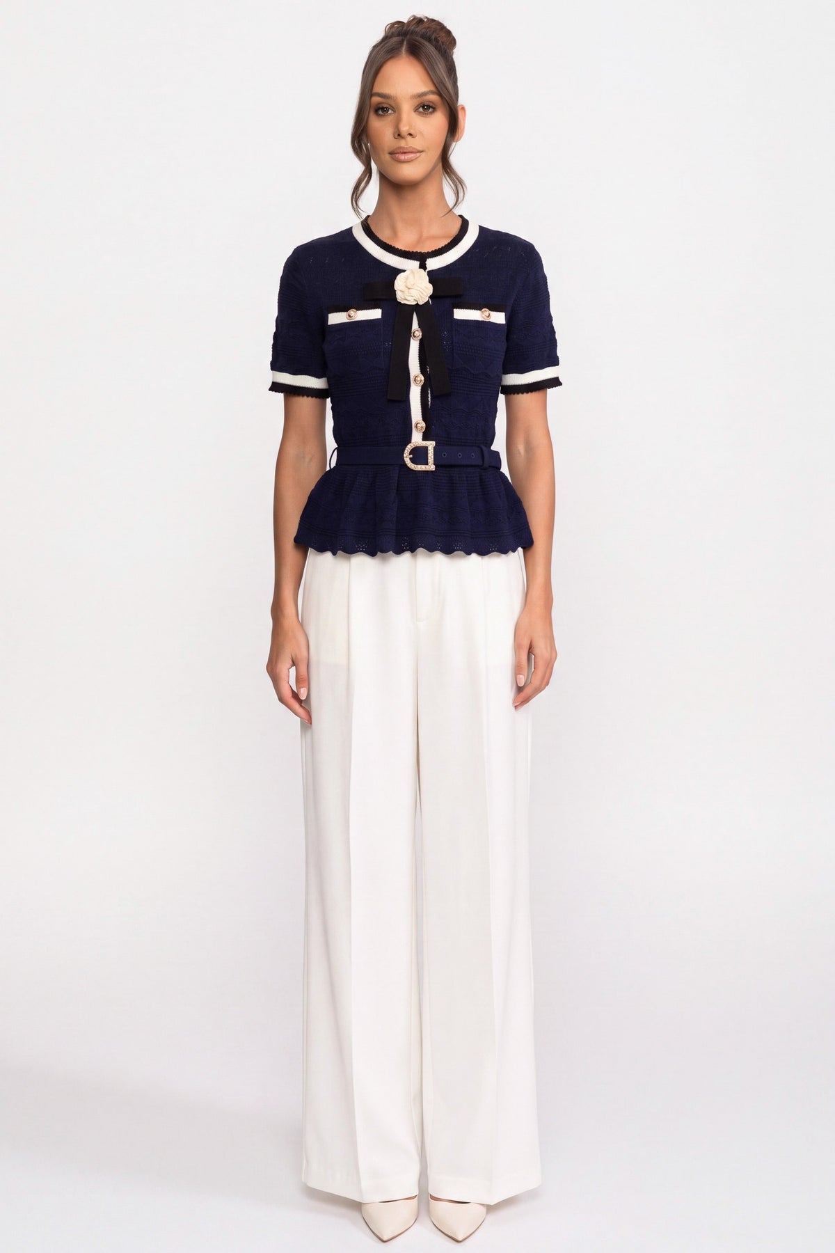 Top de Punto con Peplum y Cuello Marinero – Azul Marino