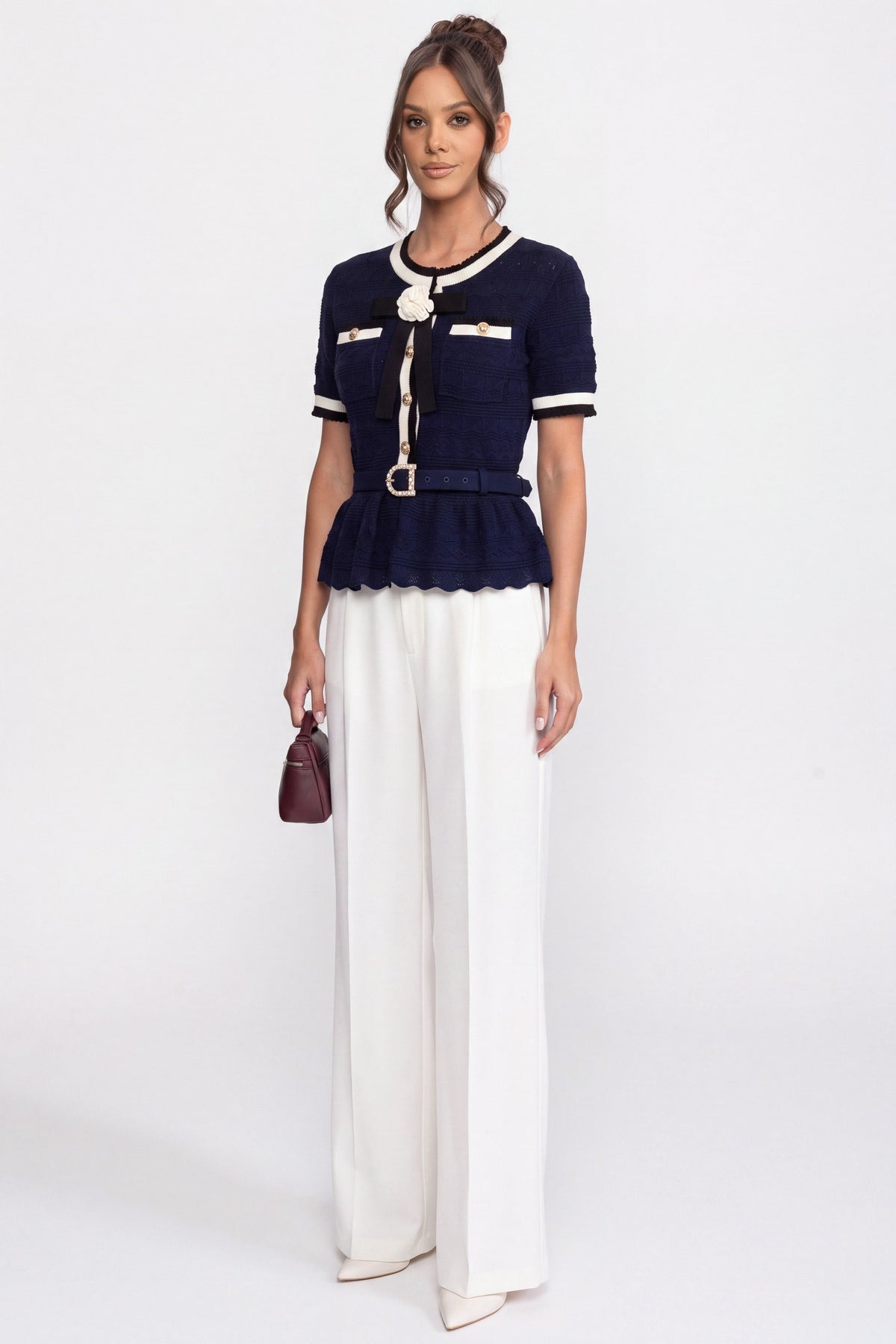 Top de Punto con Peplum y Cuello Marinero – Azul Marino