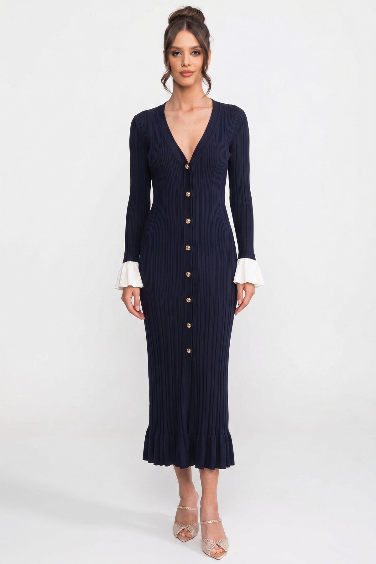 Vestido Maxi de Punto Plisado con Botones y Puños en Contraste – Azul Marino