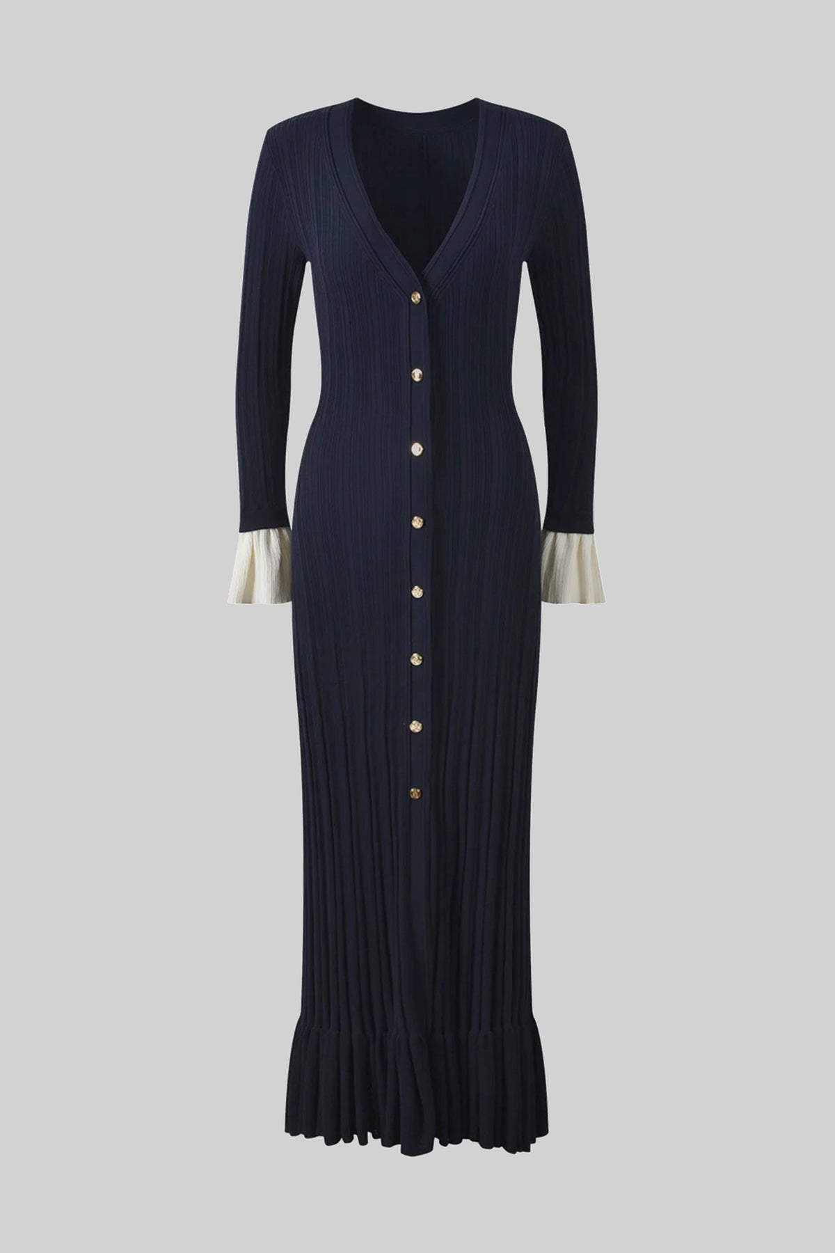 Vestido Maxi de Punto Plisado con Botones y Puños en Contraste – Azul Marino