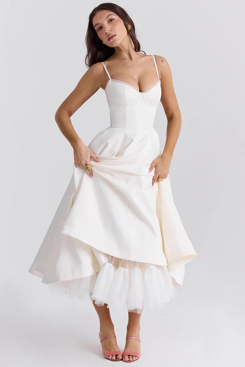 Jianna • Elegante vestido midi de tul con corsé de aros