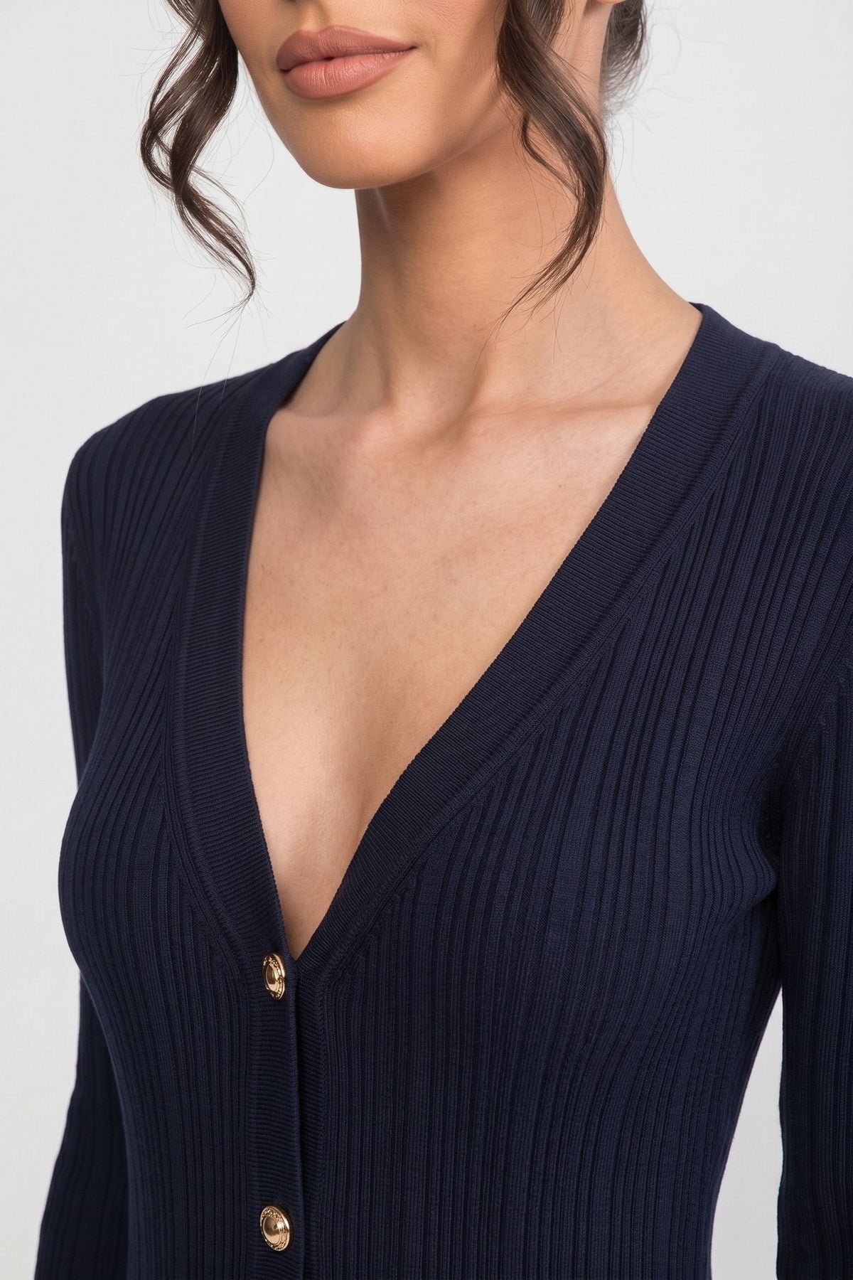 Vestido Maxi de Punto Plisado con Botones y Puños en Contraste – Azul Marino