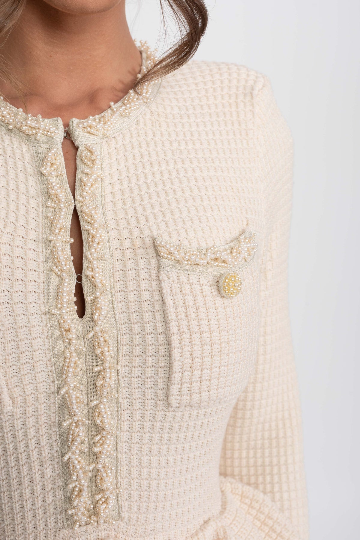 Vestido Peplum de Punto con Flecos y Bolsillos – Beige
