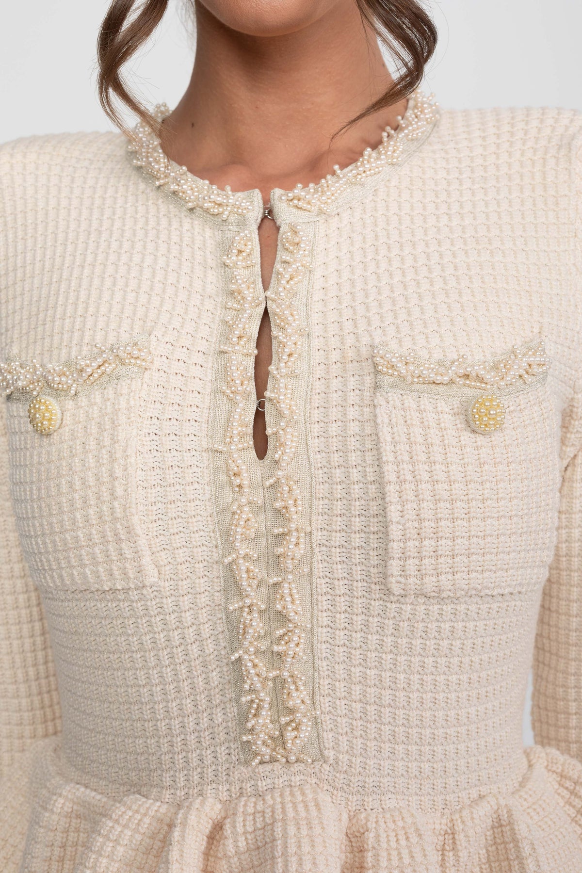 Vestido Peplum de Punto con Flecos y Bolsillos – Beige