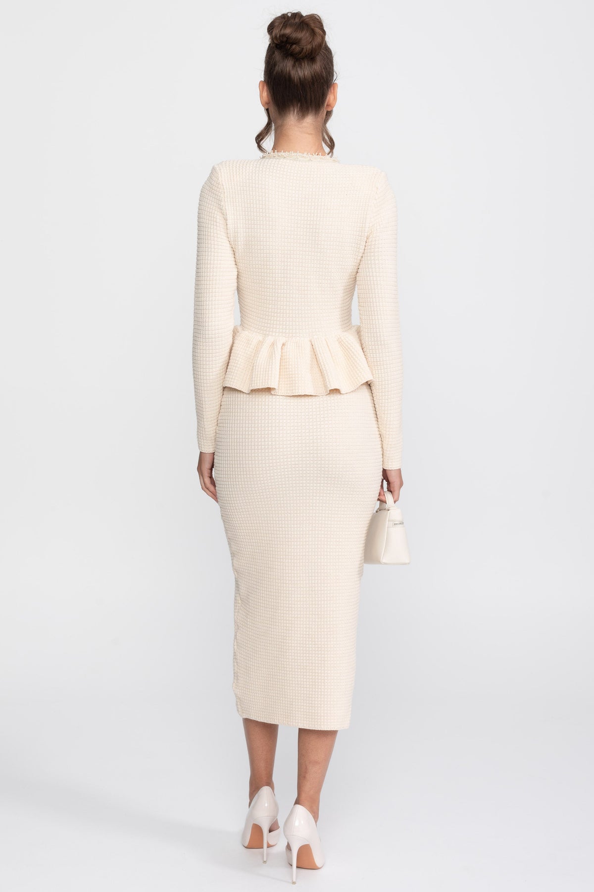 Vestido Peplum de Punto con Flecos y Bolsillos – Beige