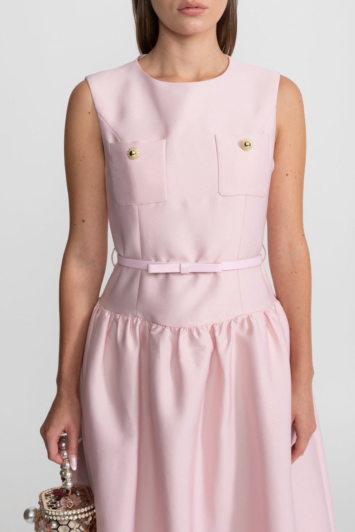 Vestido Midi sin Mangas con Cinturón y Bolsillos – Rosa Empolvado