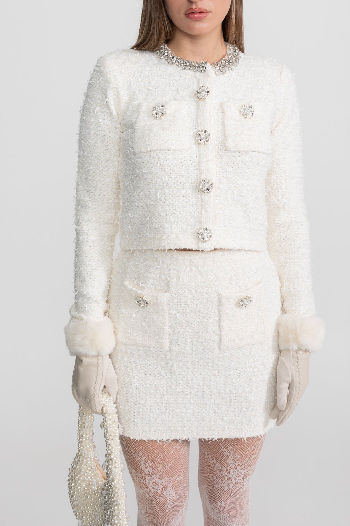 Blazer de Tweed con Cristales y Botones – Blanco