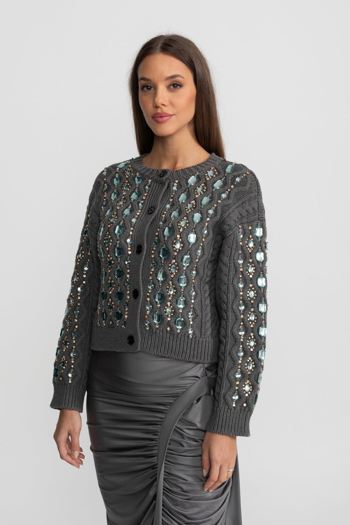 Cárdigan de Punto Trenzado con Piedras Decorativas – Gris Marengo